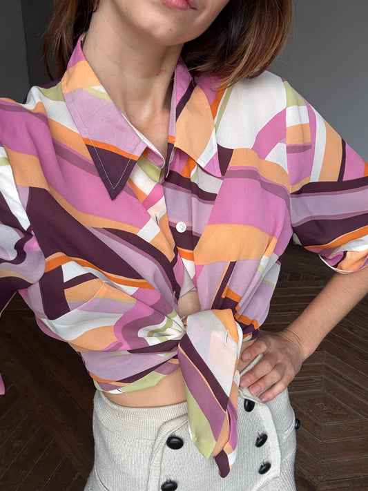 Vintage Colourful pink Shirt, Abstract feast of colours Print Button Up, Short Sleeve Summer Shirt, Unisex Relaxed Fit,