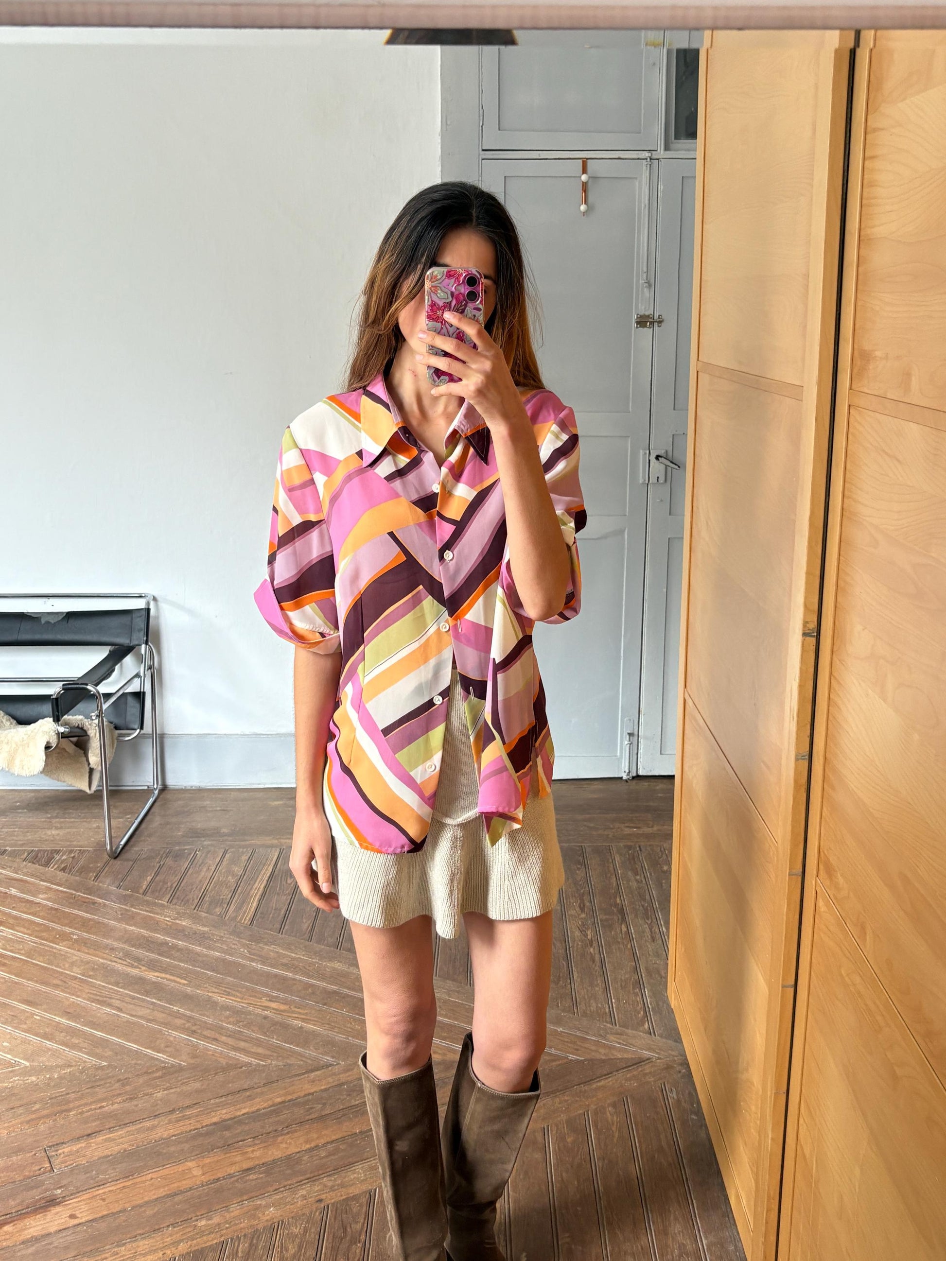 Vintage Colourful pink Shirt, Abstract feast of colours Print Button Up, Short Sleeve Summer Shirt, Unisex Relaxed Fit,