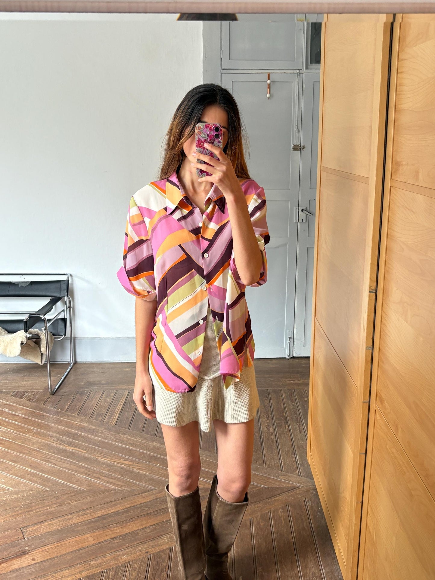 Vintage Colourful pink Shirt, Abstract feast of colours Print Button Up, Short Sleeve Summer Shirt, Unisex Relaxed Fit,