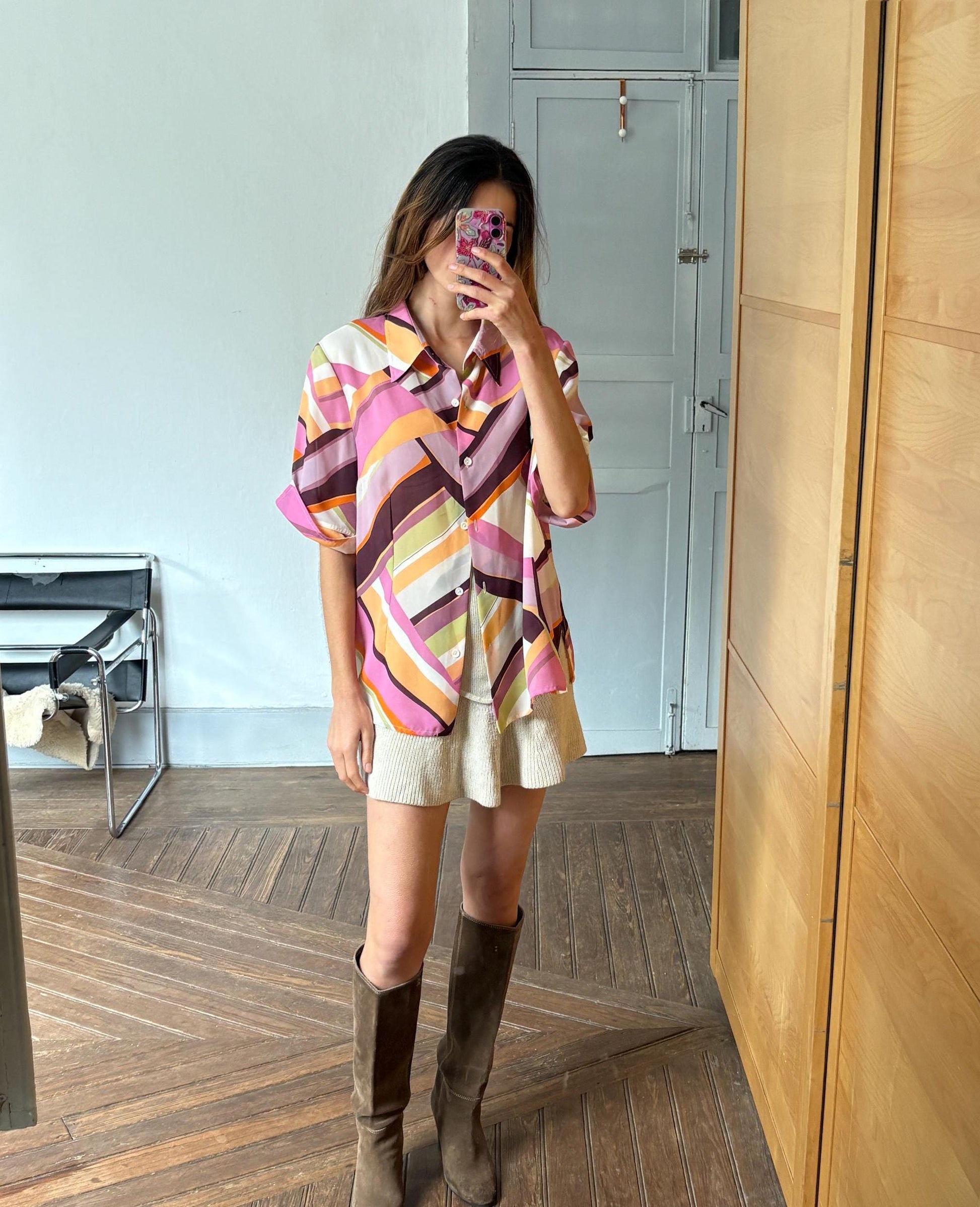 Vintage Colourful pink Shirt, Abstract feast of colours Print Button Up, Short Sleeve Summer Shirt, Unisex Relaxed Fit,