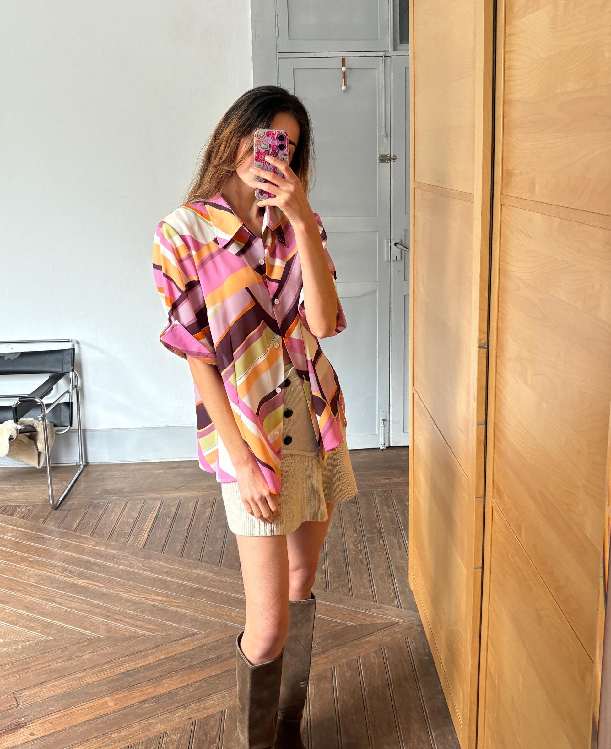 Vintage Colourful pink Shirt, Abstract feast of colours Print Button Up, Short Sleeve Summer Shirt, Unisex Relaxed Fit,