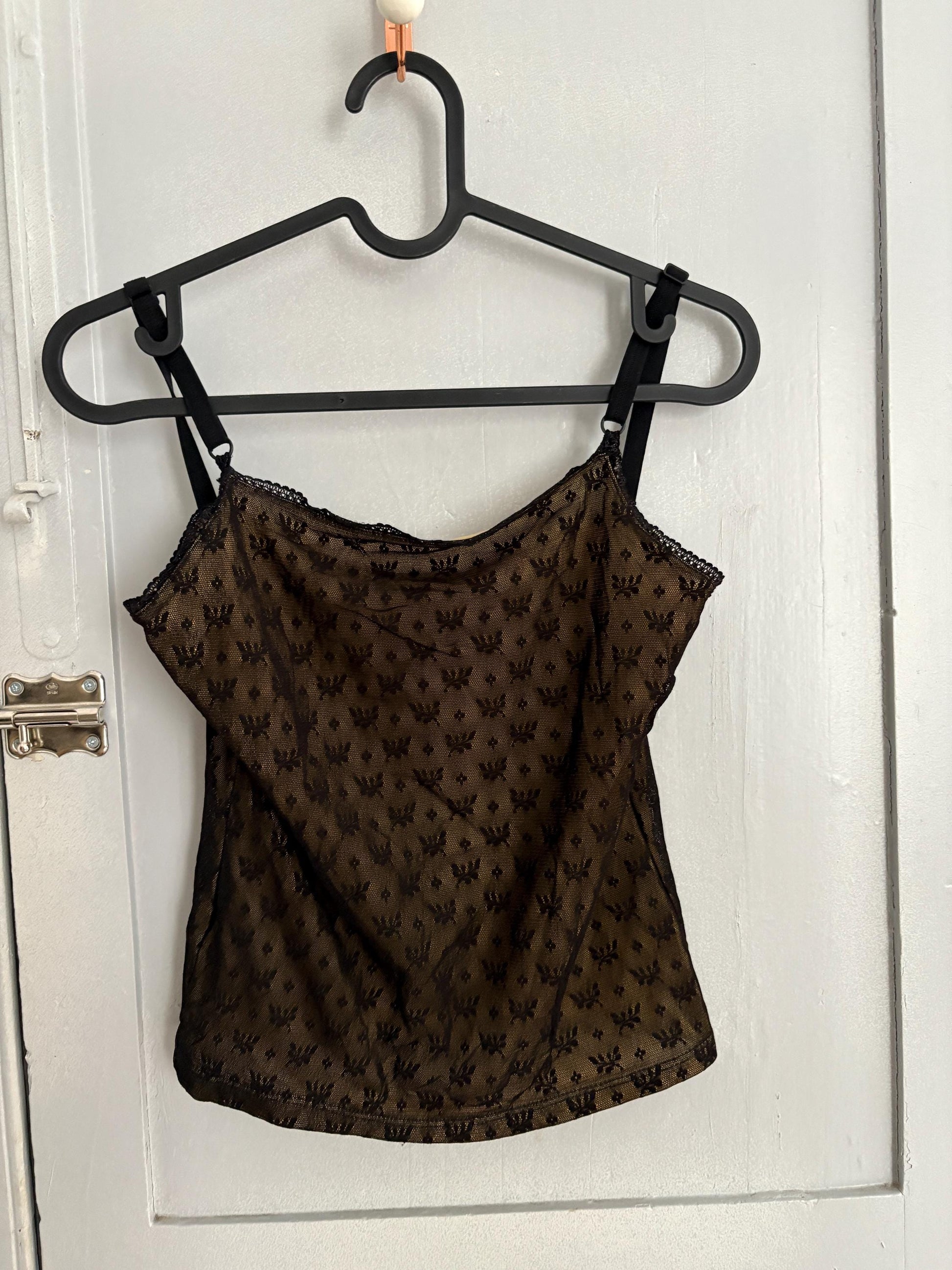 Vintage Black Lace Camisole, Sheer Mesh Lingerie Top, Penelope Cotton El Corte Inglés, Elegant Sleeveless Blouse, Size EU 38 (US 6-8)