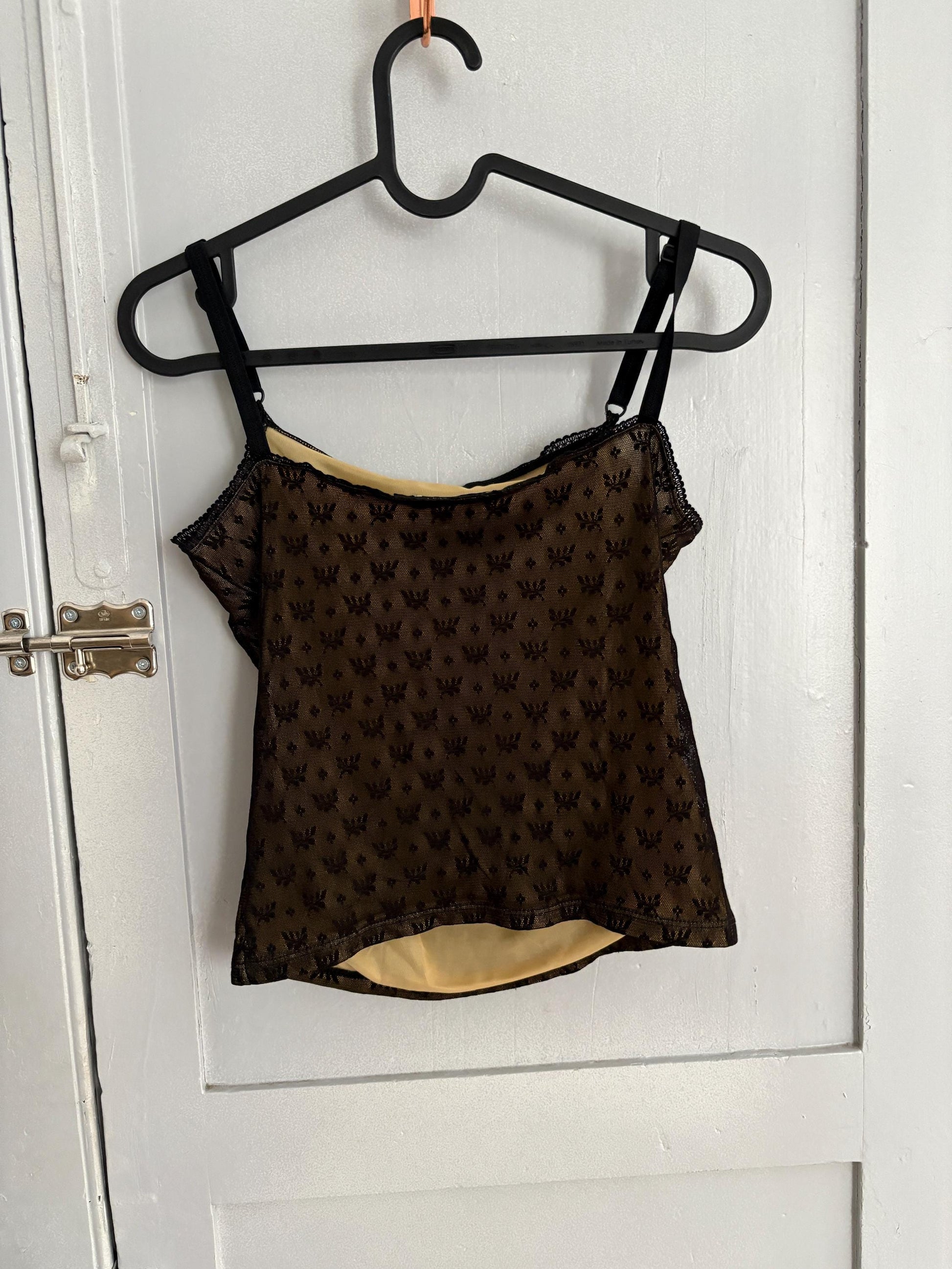 Vintage Black Lace Camisole, Sheer Mesh Lingerie Top, Penelope Cotton El Corte Inglés, Elegant Sleeveless Blouse, Size EU 38 (US 6-8)