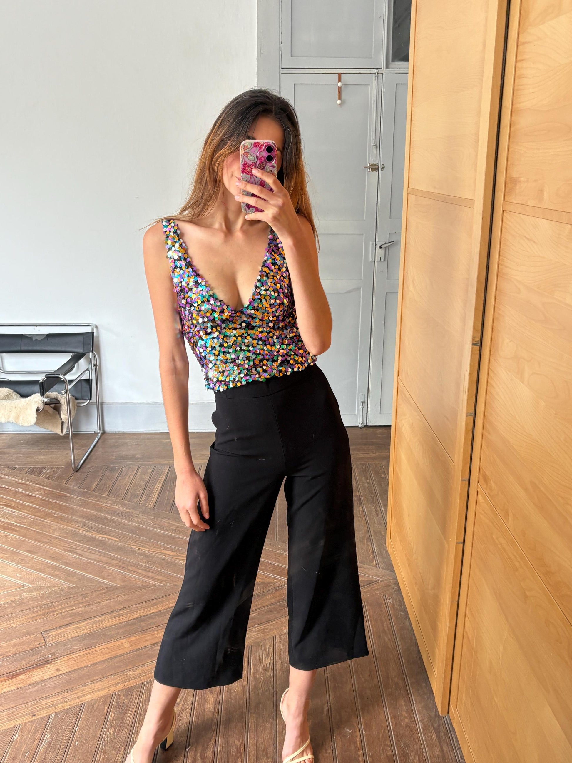 Vintage Sequin Crop Top – Multicolor Sparkle Party Tank – Sleeveless Y2K Glitter Vest – Size XS-S (US) / 34-36 (EU)