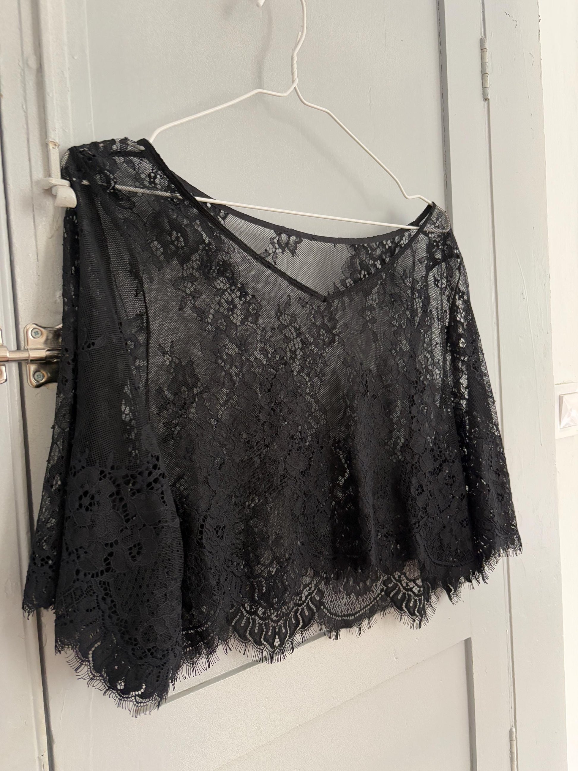 Sheer Black Lace Crop Top, Floral Mesh See-Through Blouse, Gothic Aesthetic Festival Top, Elegant Vintage Style Net Shirt, Size S