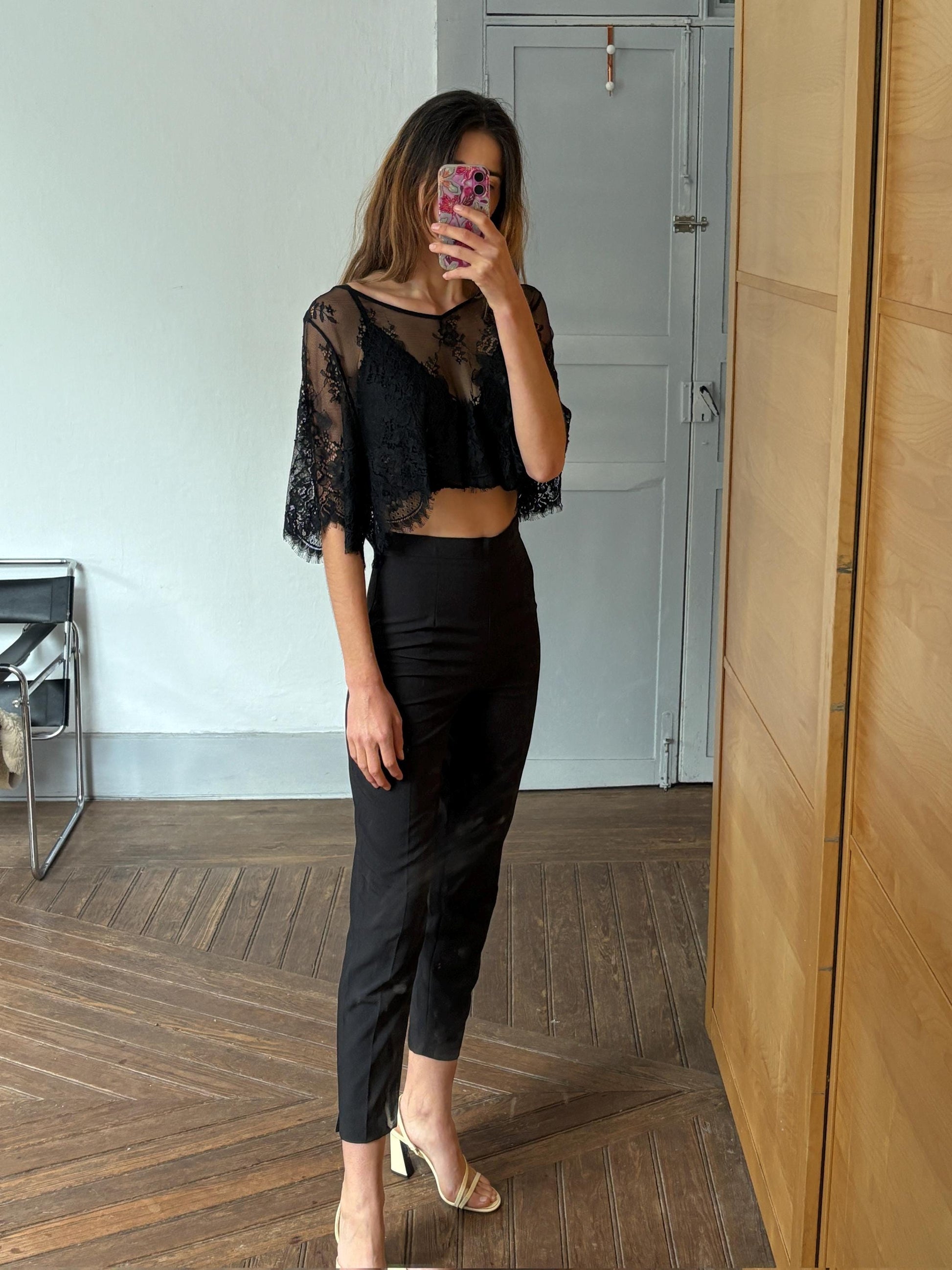 Sheer Black Lace Crop Top, Floral Mesh See-Through Blouse, Gothic Aesthetic Festival Top, Elegant Vintage Style Net Shirt, Size S