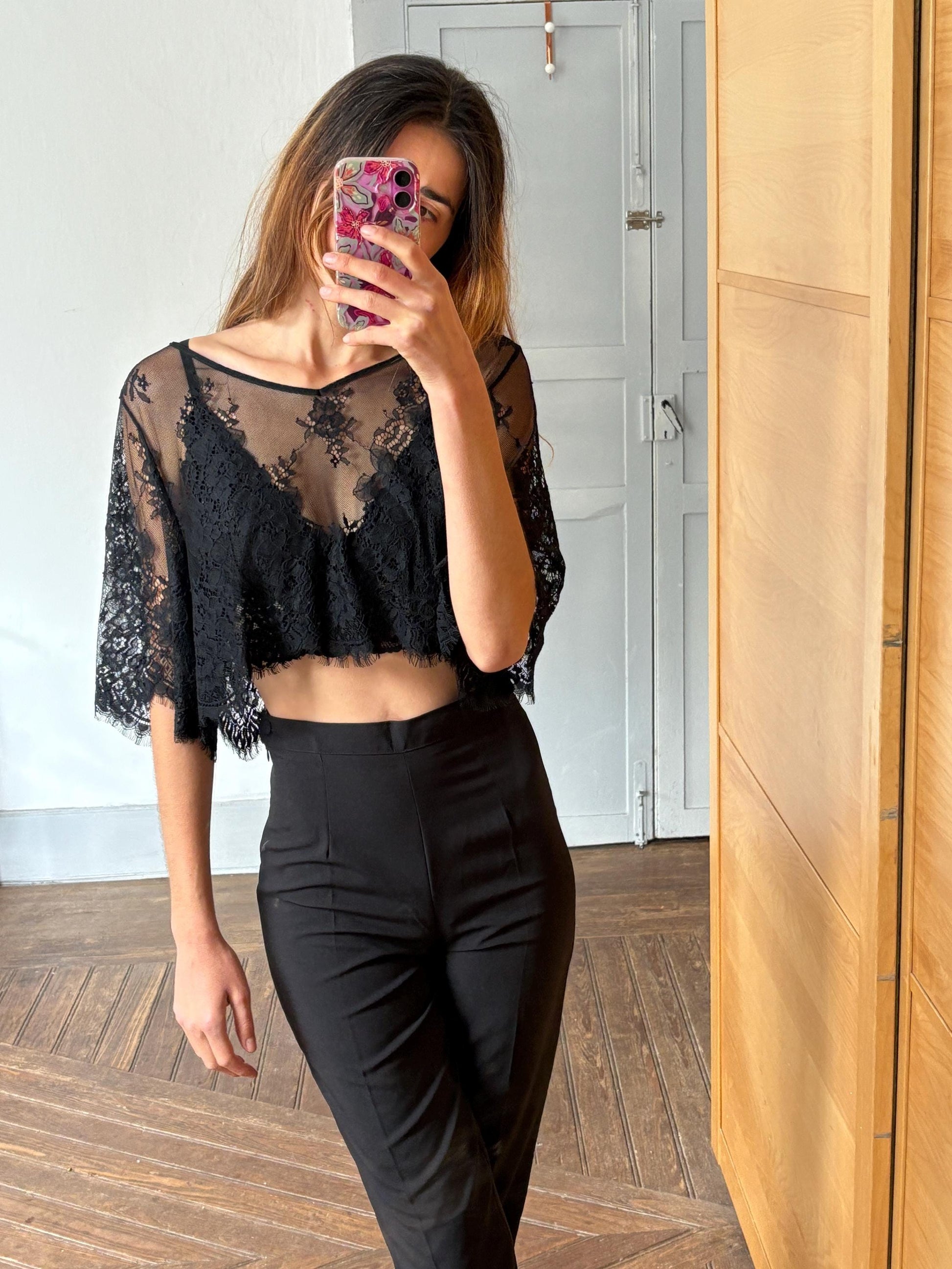 Sheer Black Lace Crop Top, Floral Mesh See-Through Blouse, Gothic Aesthetic Festival Top, Elegant Vintage Style Net Shirt, Size S
