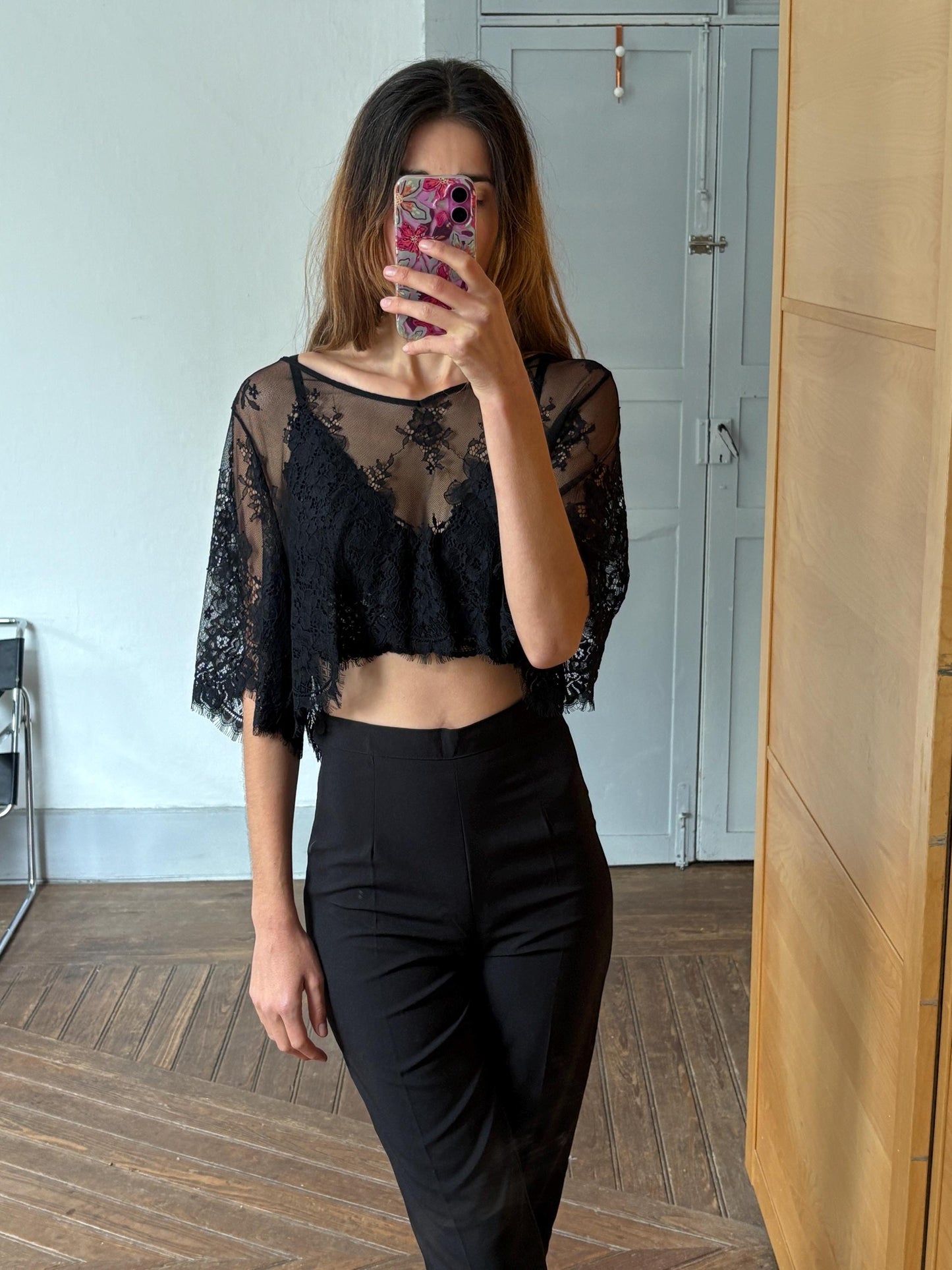 Sheer Black Lace Crop Top, Floral Mesh See-Through Blouse, Gothic Aesthetic Festival Top, Elegant Vintage Style Net Shirt, Size S