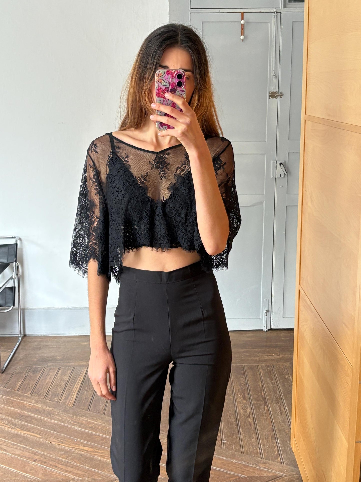 Sheer Black Lace Crop Top, Floral Mesh See-Through Blouse, Gothic Aesthetic Festival Top, Elegant Vintage Style Net Shirt, Size S