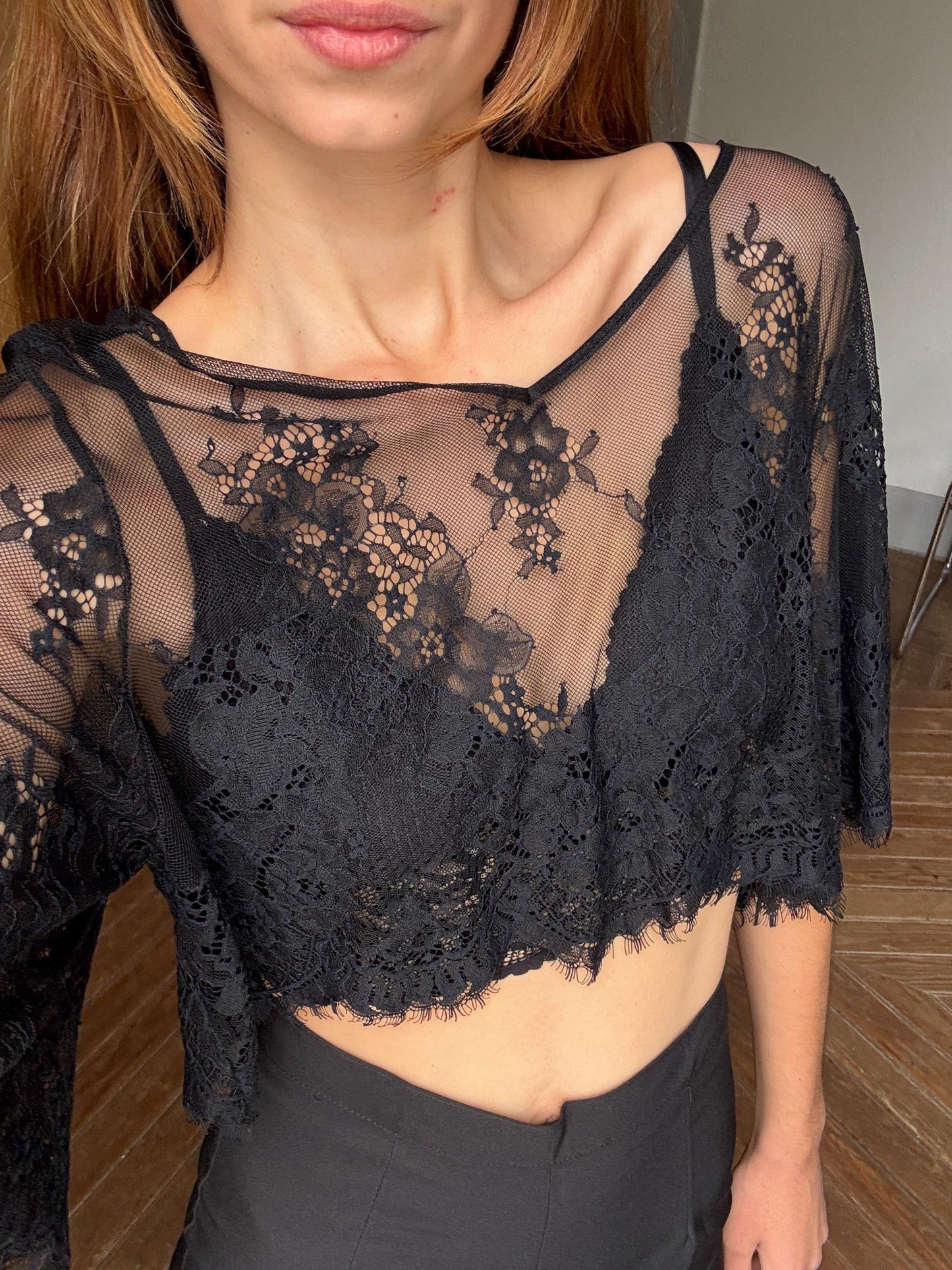 Sheer Black Lace Crop Top, Floral Mesh See-Through Blouse, Gothic Aesthetic Festival Top, Elegant Vintage Style Net Shirt, Size S