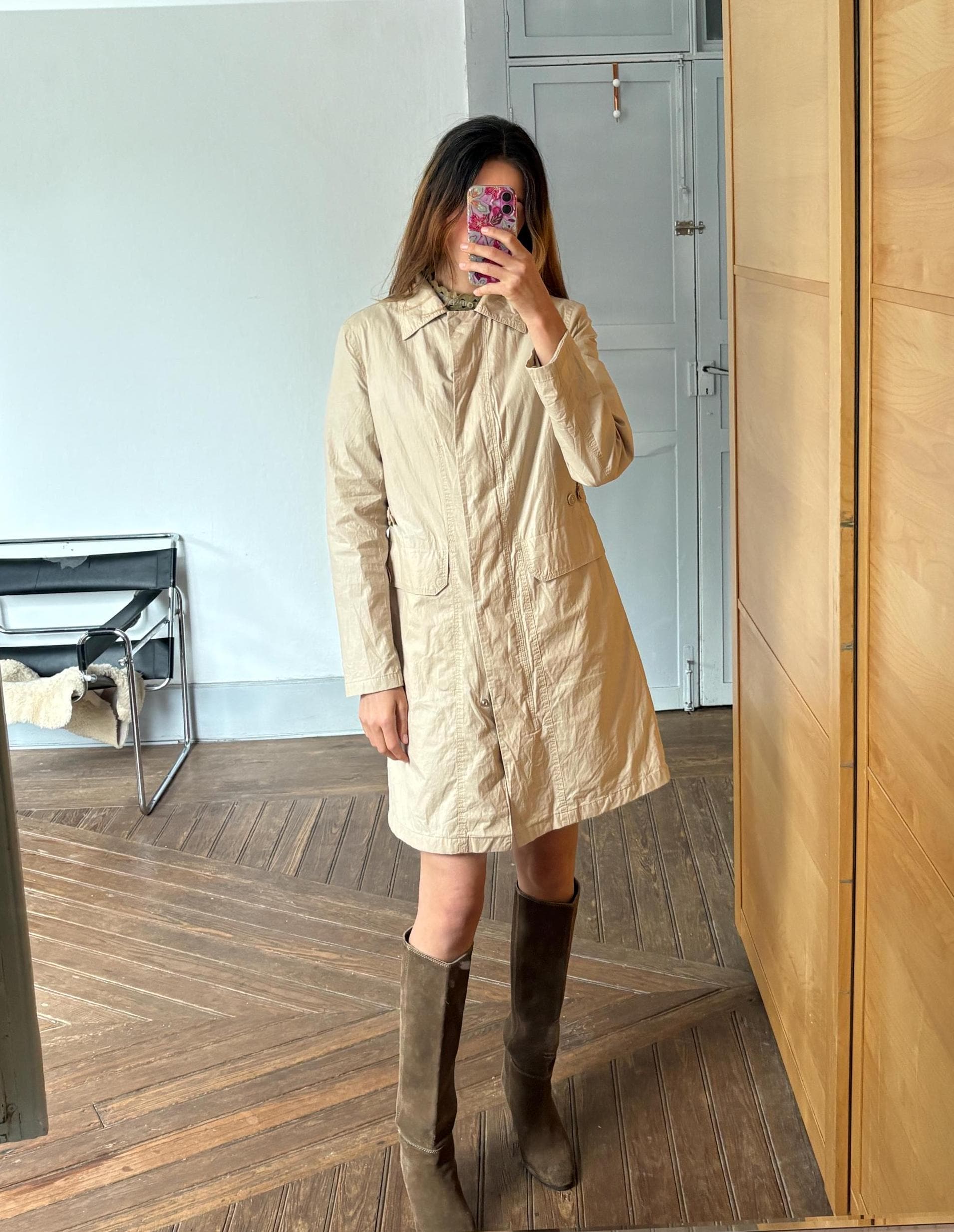 United Colors of Benetton Trench Coat, Beige Lightweight Windbreaker, Classic Long Jacket, Women’s Size L, Made in Italy