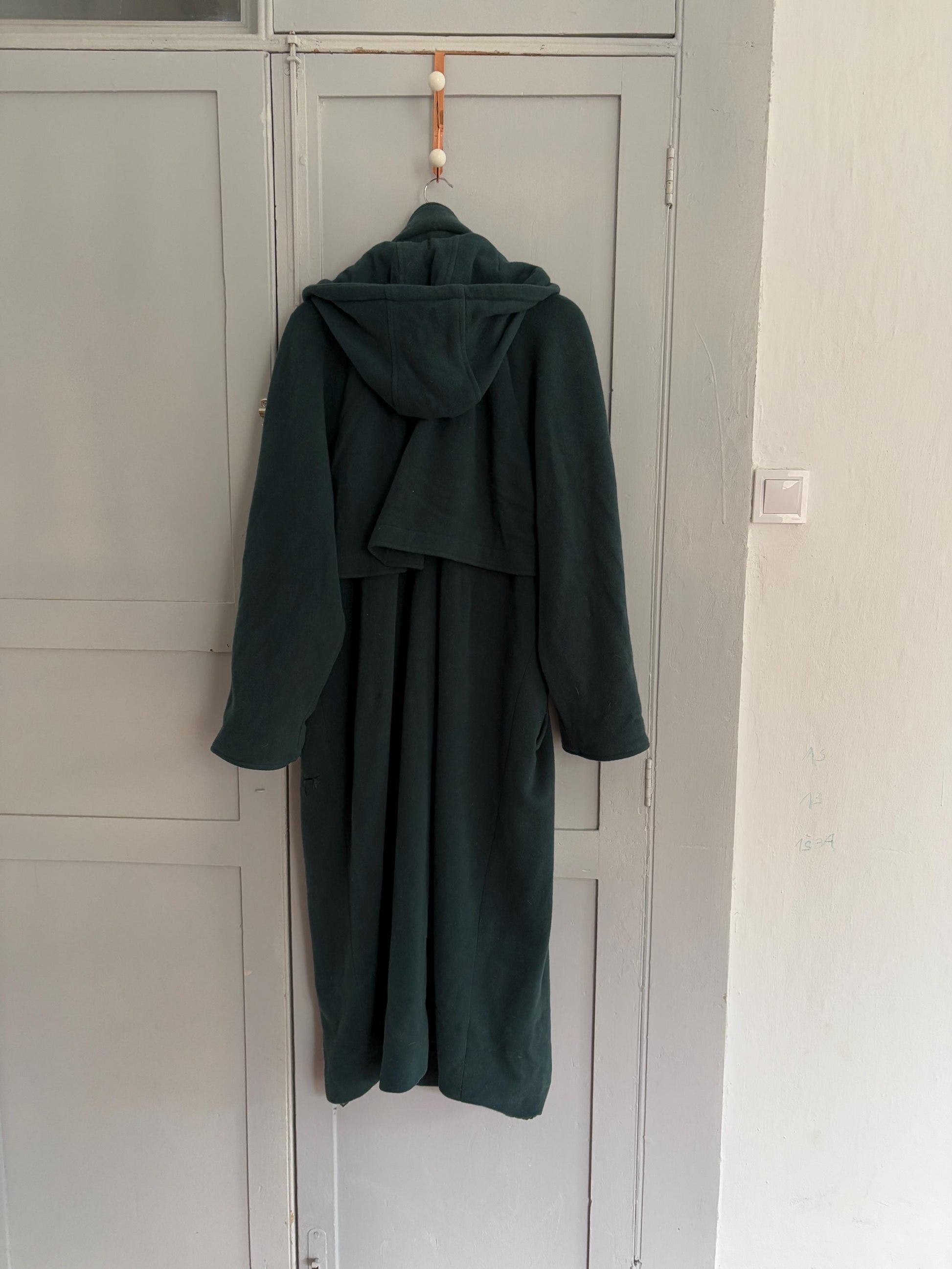 Vintage Dark Green Wool Long Coat – Hooded & Oversized Winter Coat, 90s Dark Academia Aesthetic, UK Made