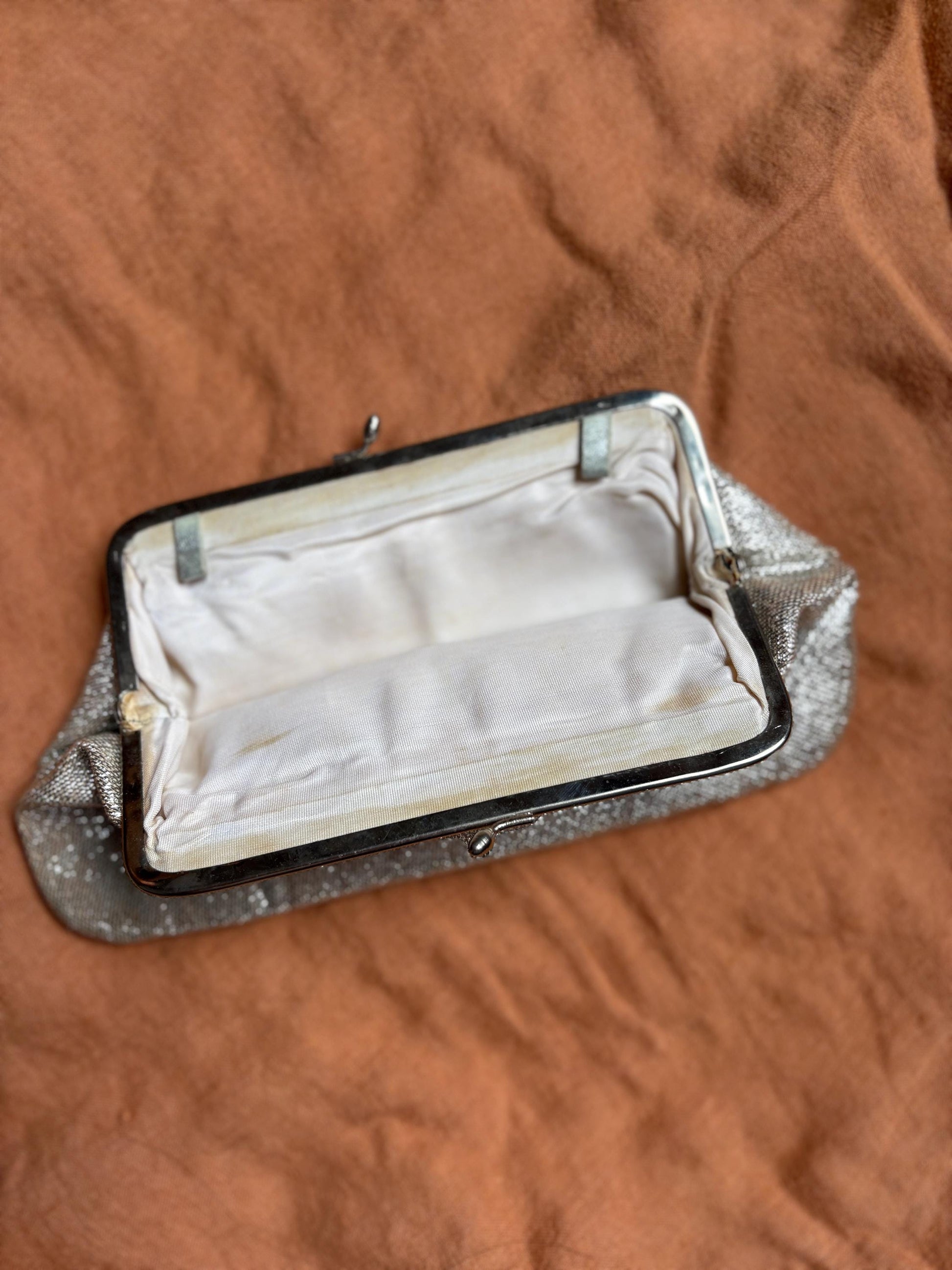 Vintage Silver Purse or Wallet – 80s Sparkly Evening Clutch with Loops for Strap Option,