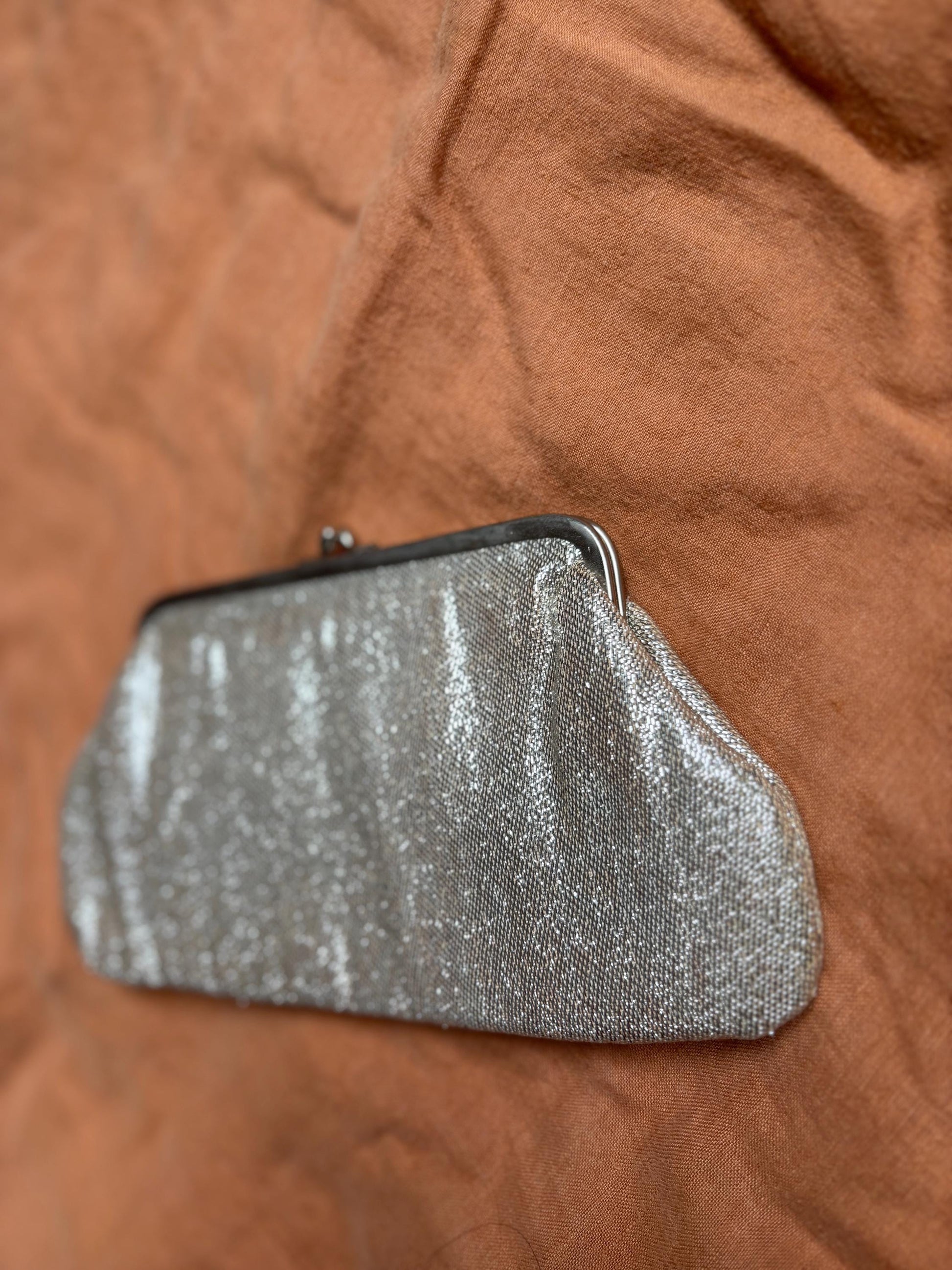 Vintage Silver Purse or Wallet – 80s Sparkly Evening Clutch with Loops for Strap Option,