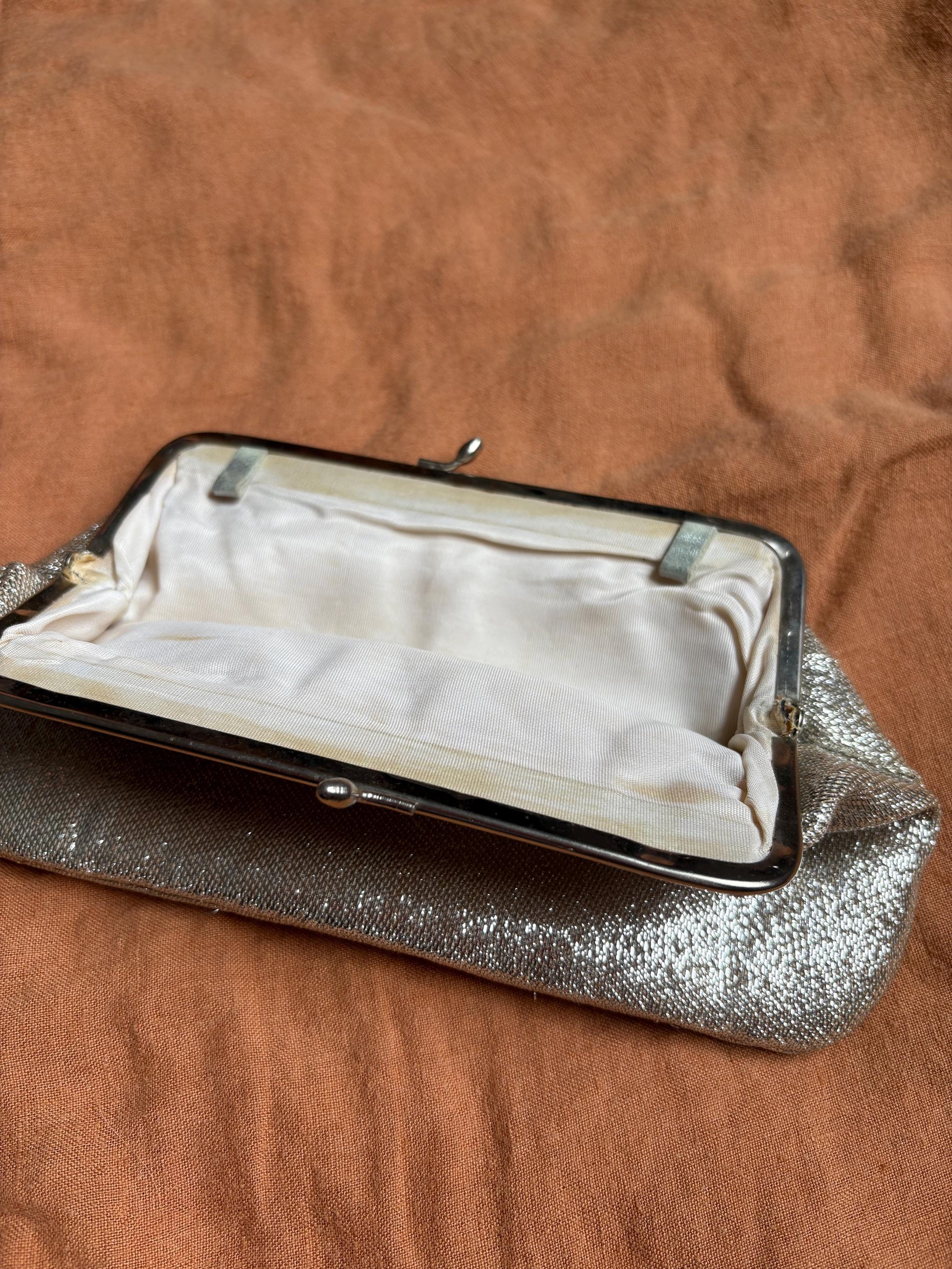 Vintage Silver Purse or Wallet – 80s Sparkly Evening Clutch with Loops for Strap Option,