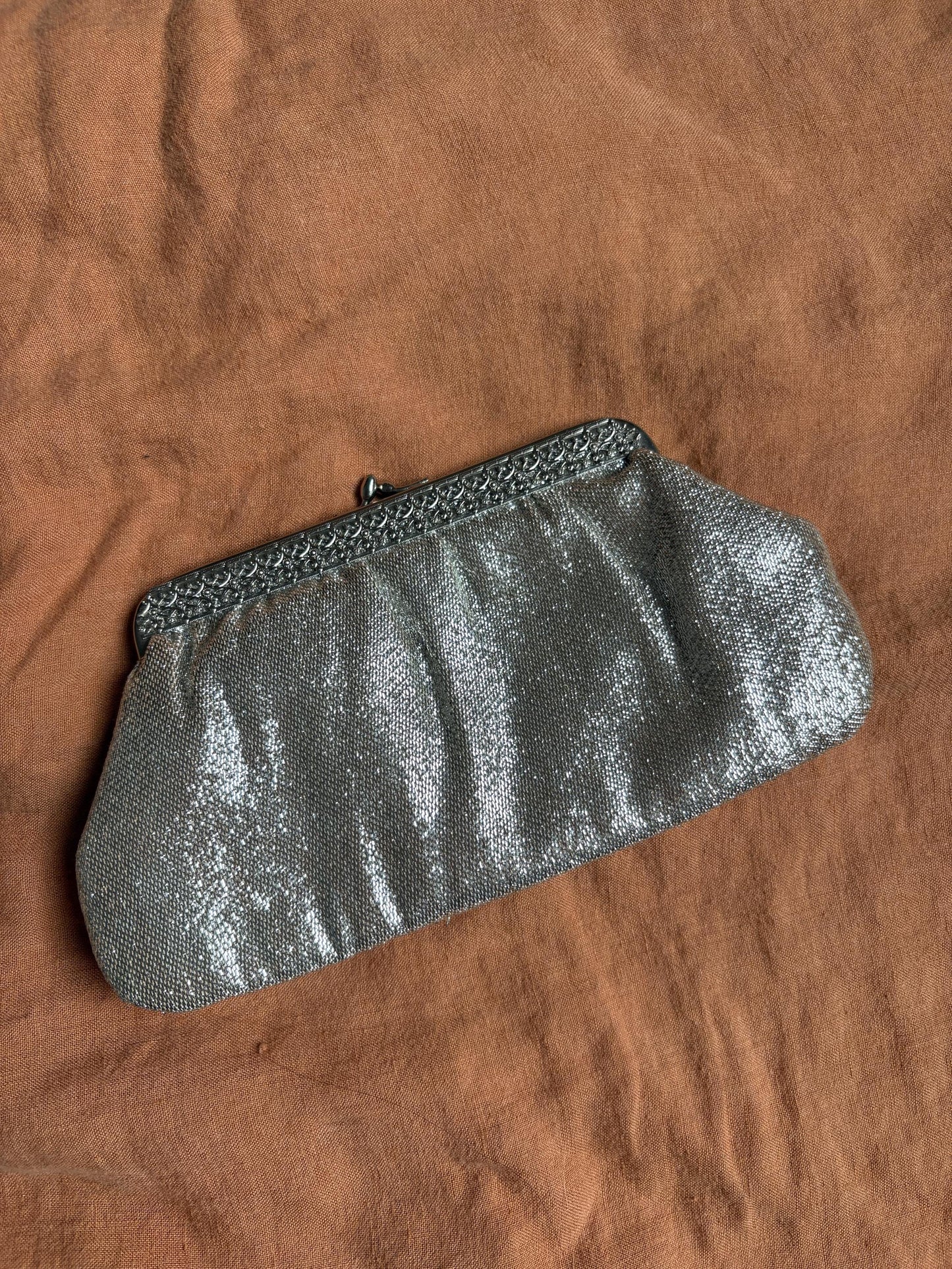 Vintage Silver Purse or Wallet – 80s Sparkly Evening Clutch with Loops for Strap Option,
