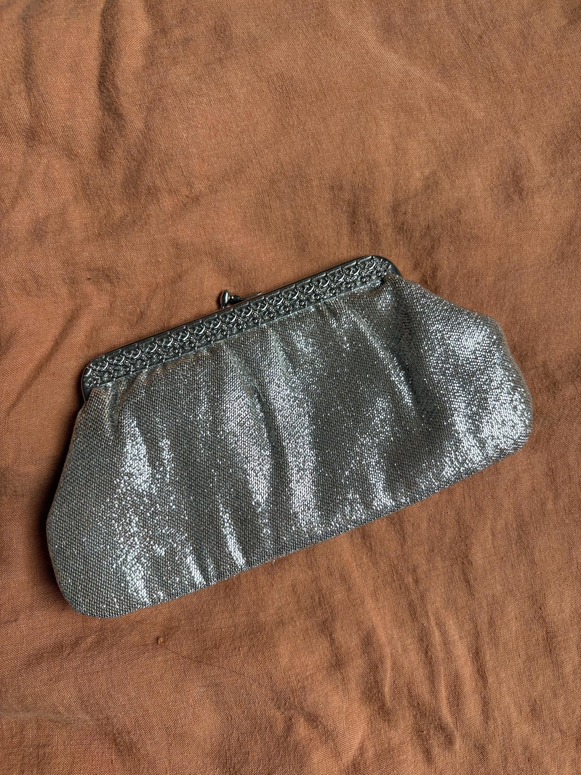 Vintage Silver Purse or Wallet – 80s Sparkly Evening Clutch with Loops for Strap Option,