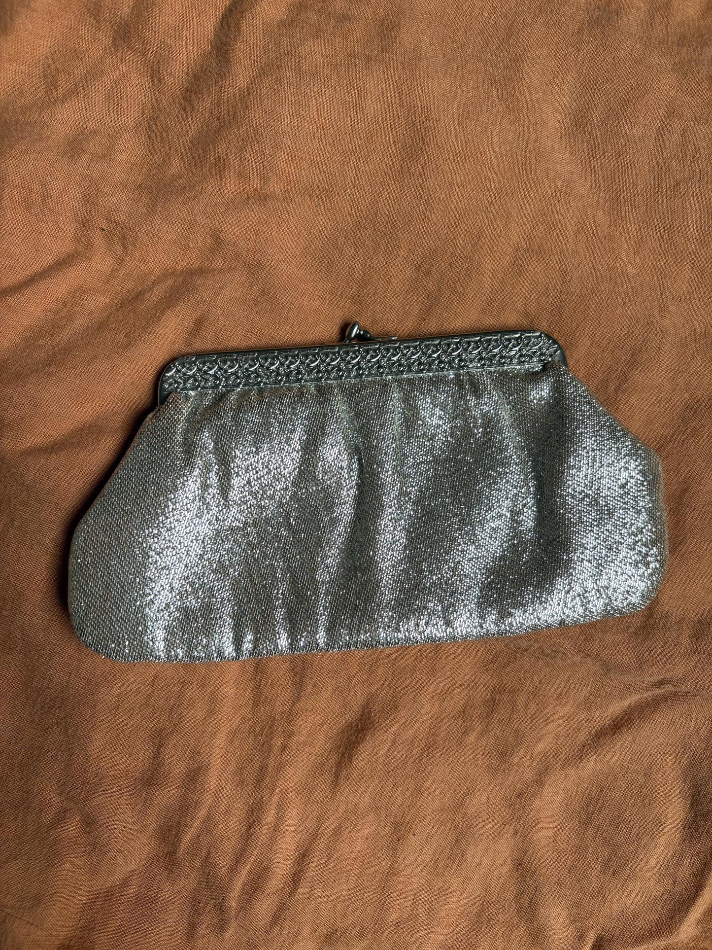 Vintage Silver Purse or Wallet – 80s Sparkly Evening Clutch with Loops for Strap Option,