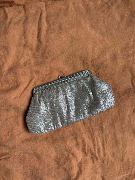 Vintage Silver Purse or Wallet – 80s Sparkly Evening Clutch with Loops for Strap Option, 23x12 cm