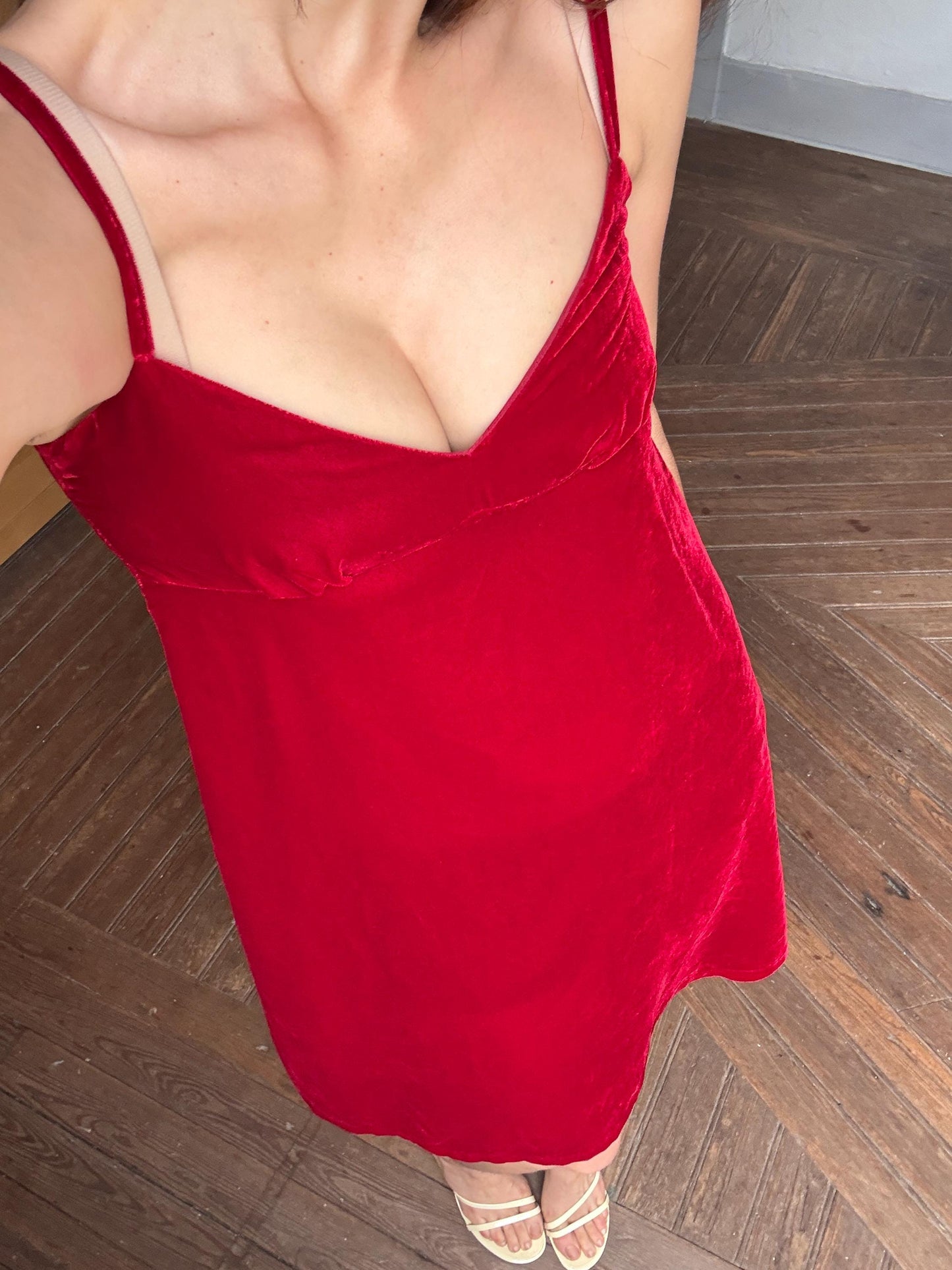 Vintage Red Velvet Slip Dress – Romantic & Sleek Minimalist sustainable fashion Staple, Size XS