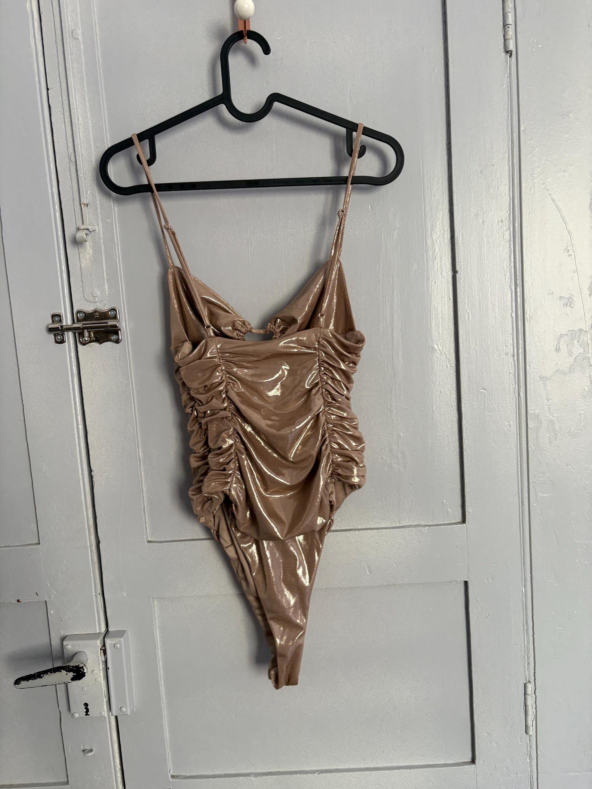 Sexy Gold Metallic Bodysuit – Y2K Party Glam top, Shiny NYE outfit