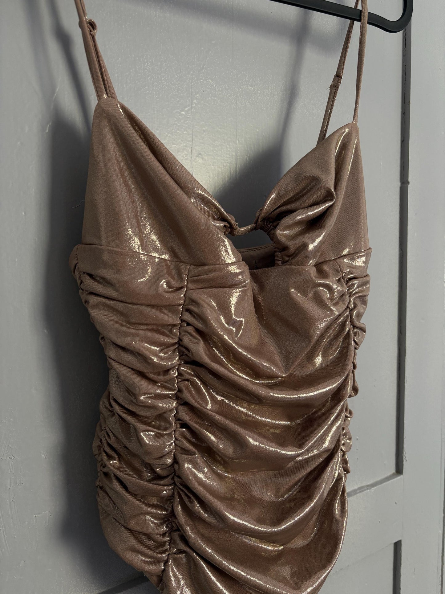 Sexy Gold Metallic Bodysuit – Y2K Party Glam top, Shiny NYE outfit