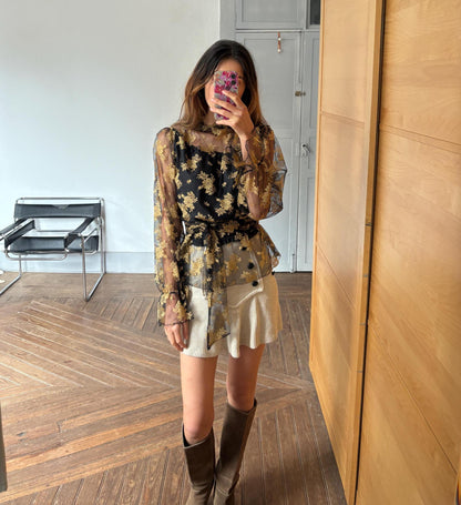 Vintage Lace Sheer Floral Blouse With Scarf Tie — fabric close-up