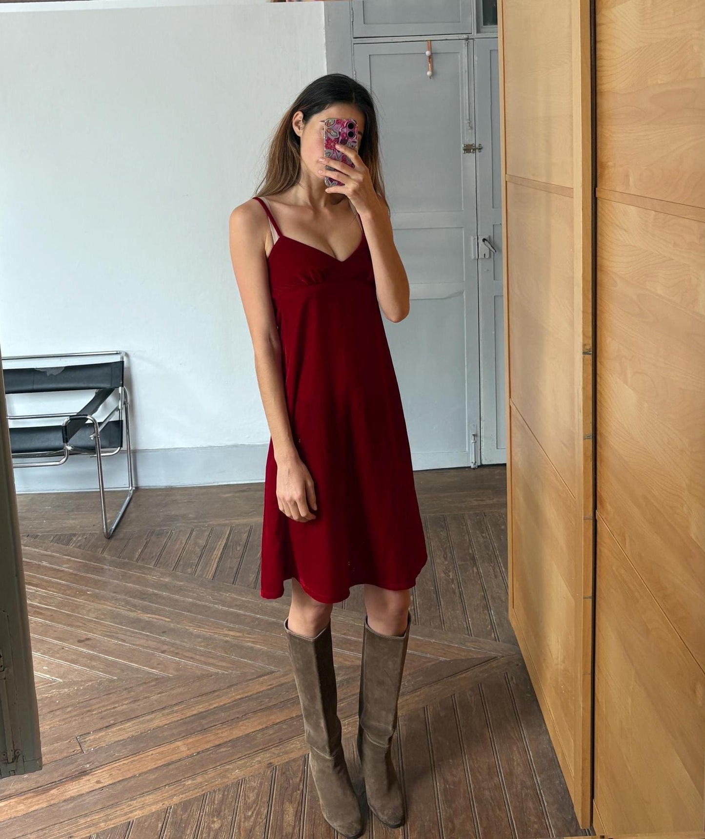 Vintage Red Velvet Slip Dress – Romantic & Sleek Minimalist sustainable fashion Staple, Size XS