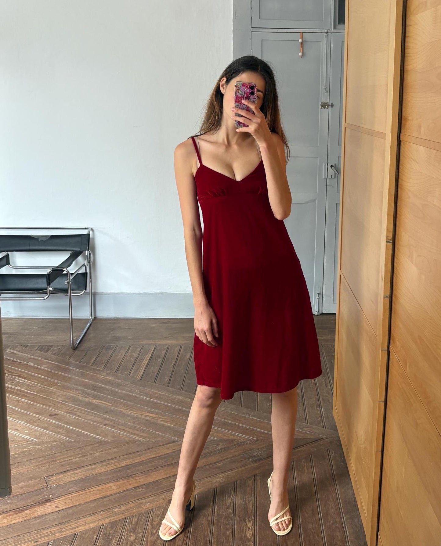 Vintage Red Velvet Slip Dress – Romantic & Sleek Minimalist sustainable fashion Staple, Size XS