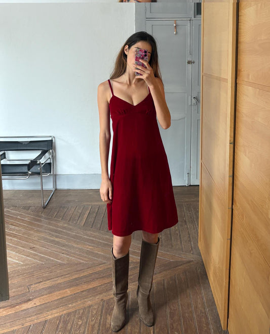 Vintage Red Velvet Slip Dress – Romantic & Sleek Minimalist sustainable fashion Staple, Size XS