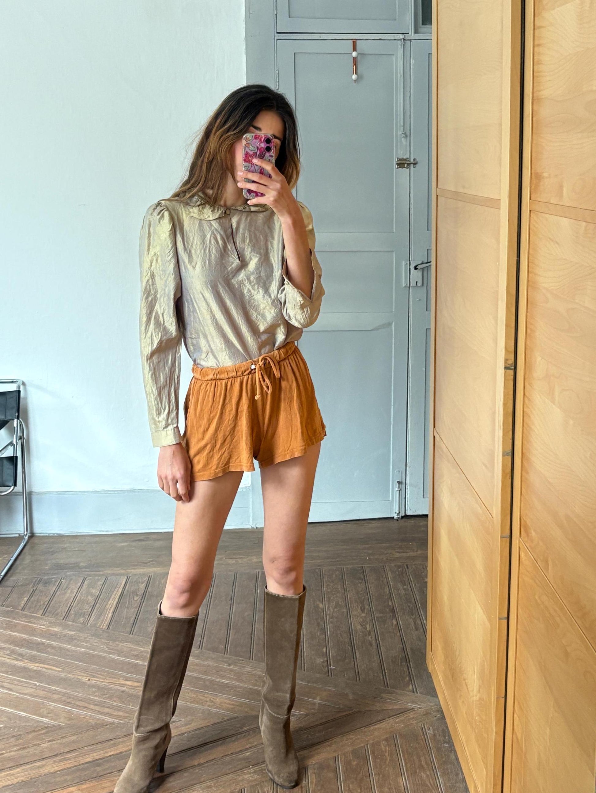 Cute mini shorts rust orange cotton drawstring waist great for summer lightweight breathable, Size XS - S