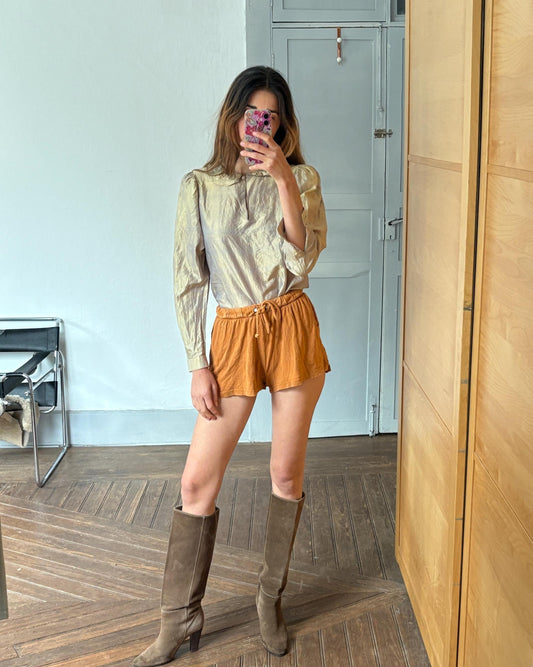 Cute mini shorts rust orange cotton drawstring waist great for summer lightweight breathable, Size XS - S