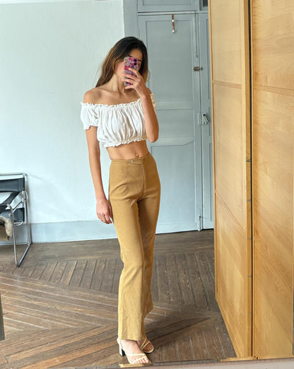 Vintage 70s High-Waisted Mustard Flared Pants — fabric close-up