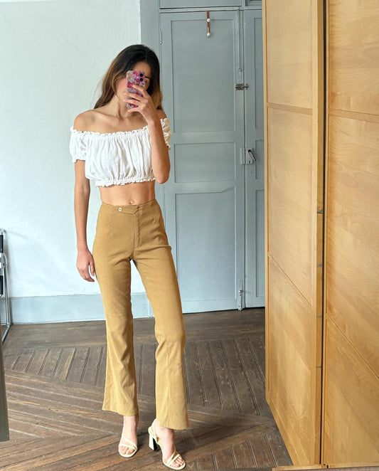 Vintage 70s Flared Pants – High-Waisted Mustard Yellow Trousers – Retro Bunch Trendwear Statement Piece