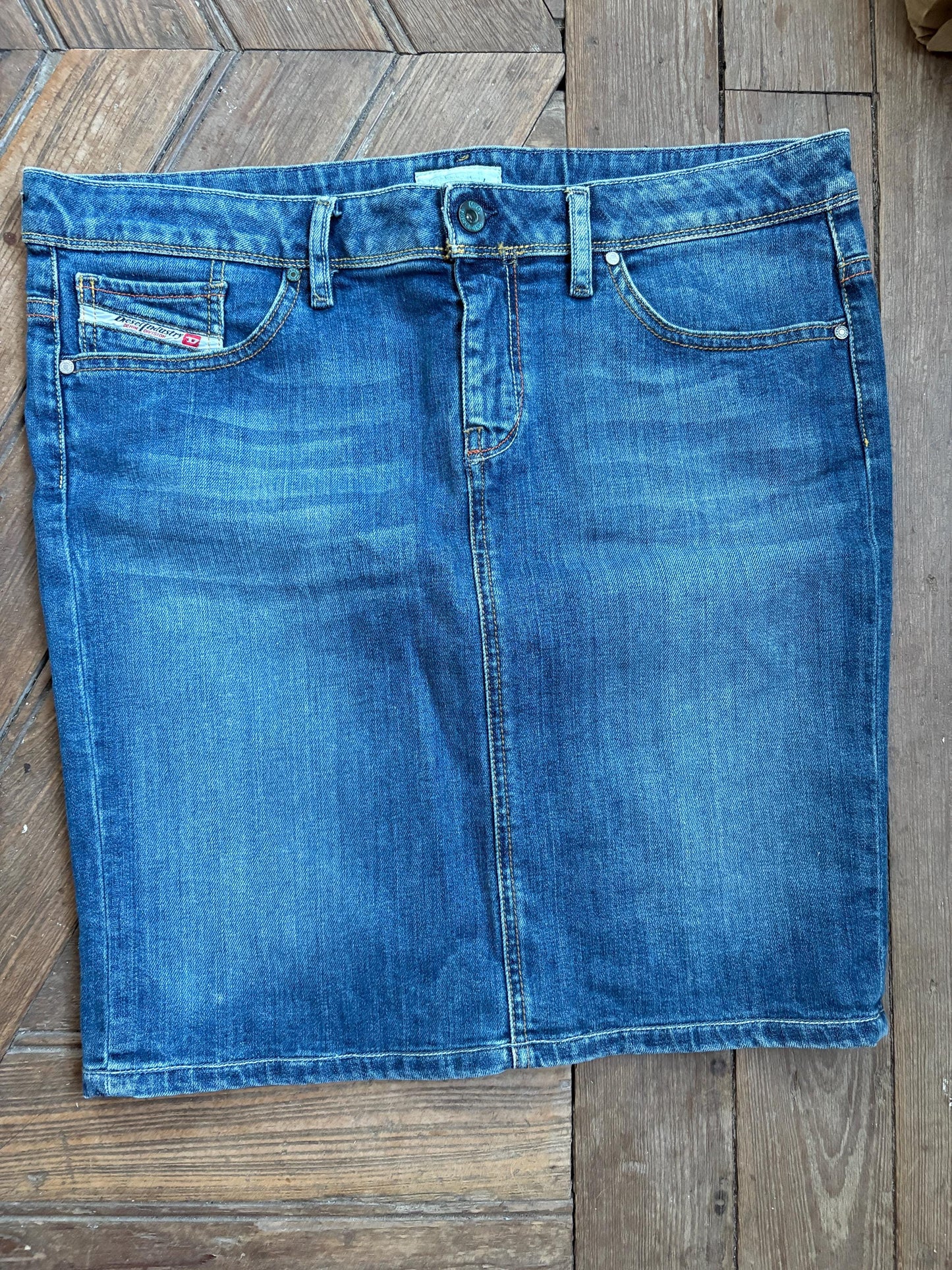 Vintage Diesel Denim Skirt – Y2K 90s Aesthetic, Stretch Denim, Mid-Length, Size EU 42 / UK 14 / US 10