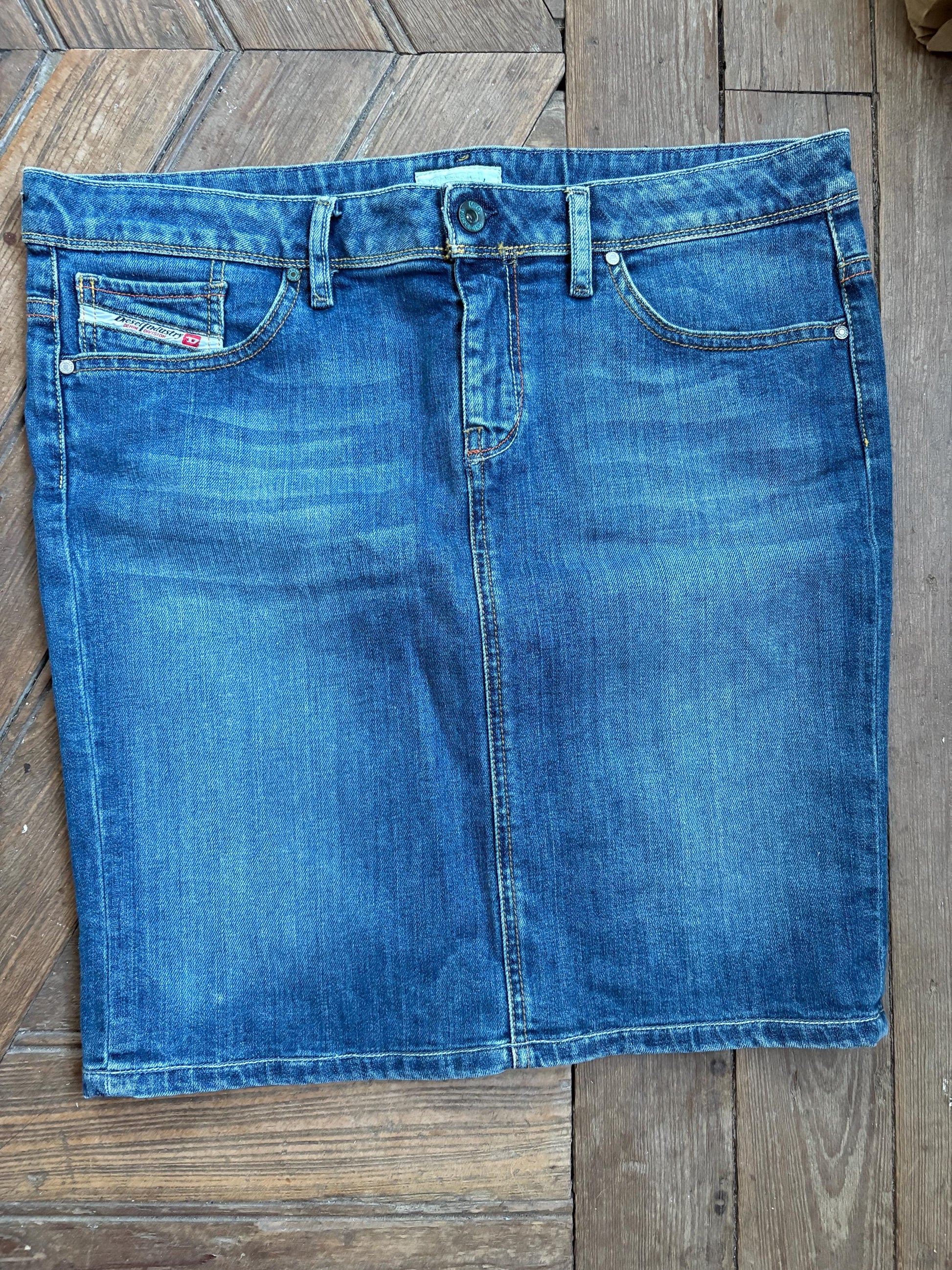 Vintage Diesel Denim Skirt – Y2K 90s Aesthetic, Stretch Denim, Mid-Length, Size EU 42 / UK 14 / US 10