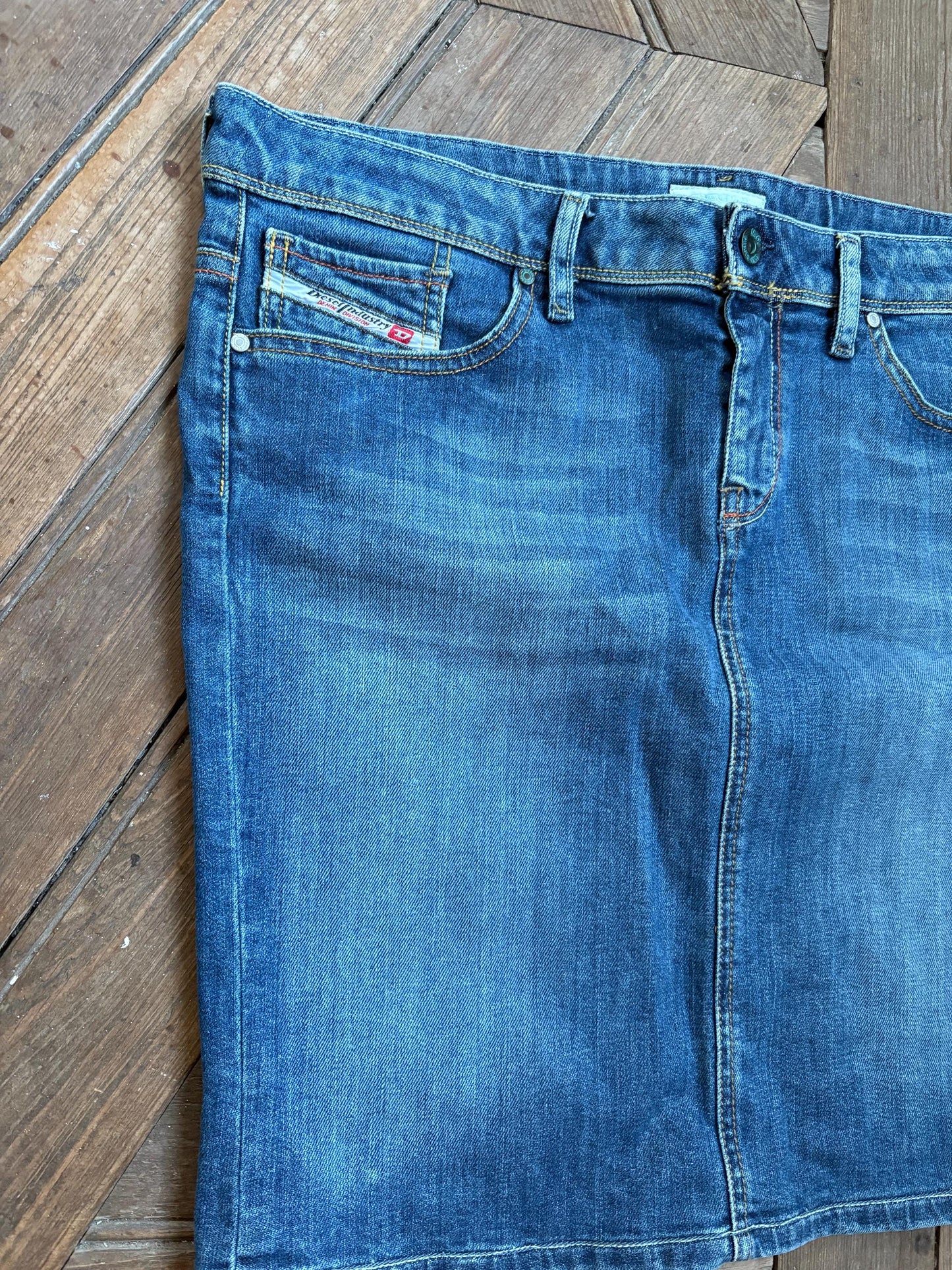 Vintage Diesel Denim Skirt – Y2K 90s Aesthetic, Stretch Denim, Mid-Length, Size EU 42 / UK 14 / US 10
