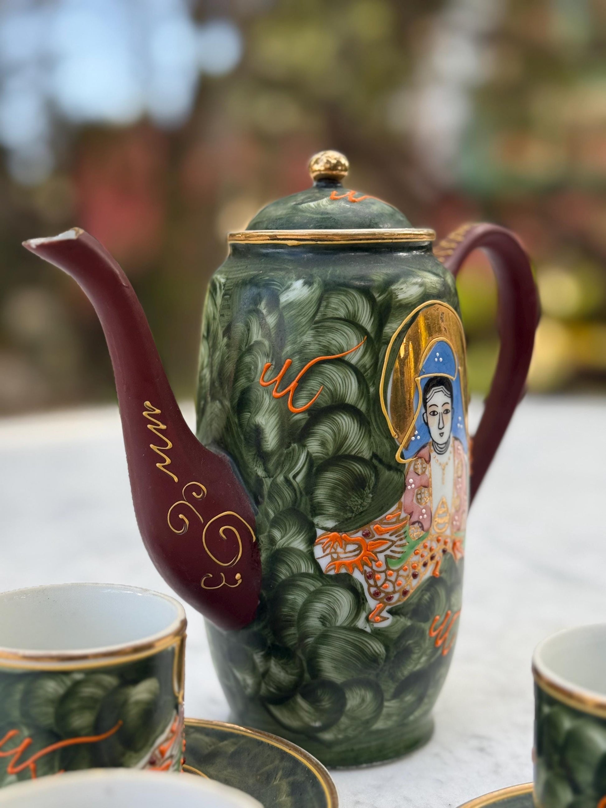 Vintage Hand-Painted Japanese Tea Set – Kutani Moriage Dragon Design, Made in Japan 1920s-1940s, Porcelain Teapot & Cups