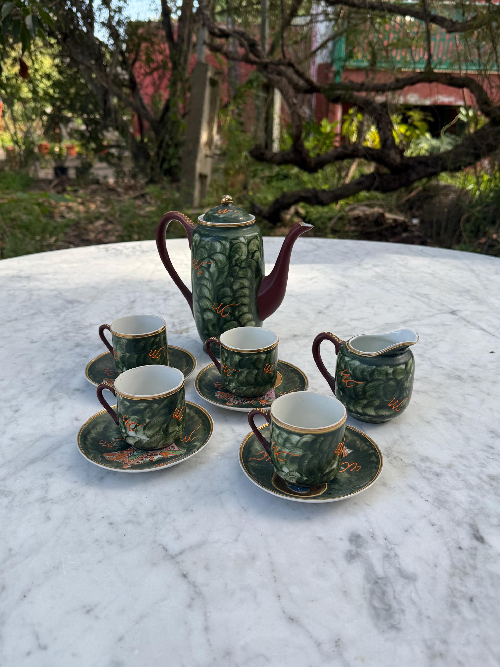 Vintage Hand-Painted Japanese Tea Set – Kutani Moriage Dragon Design, Made in Japan 1920s-1940s, Porcelain Teapot & Cups