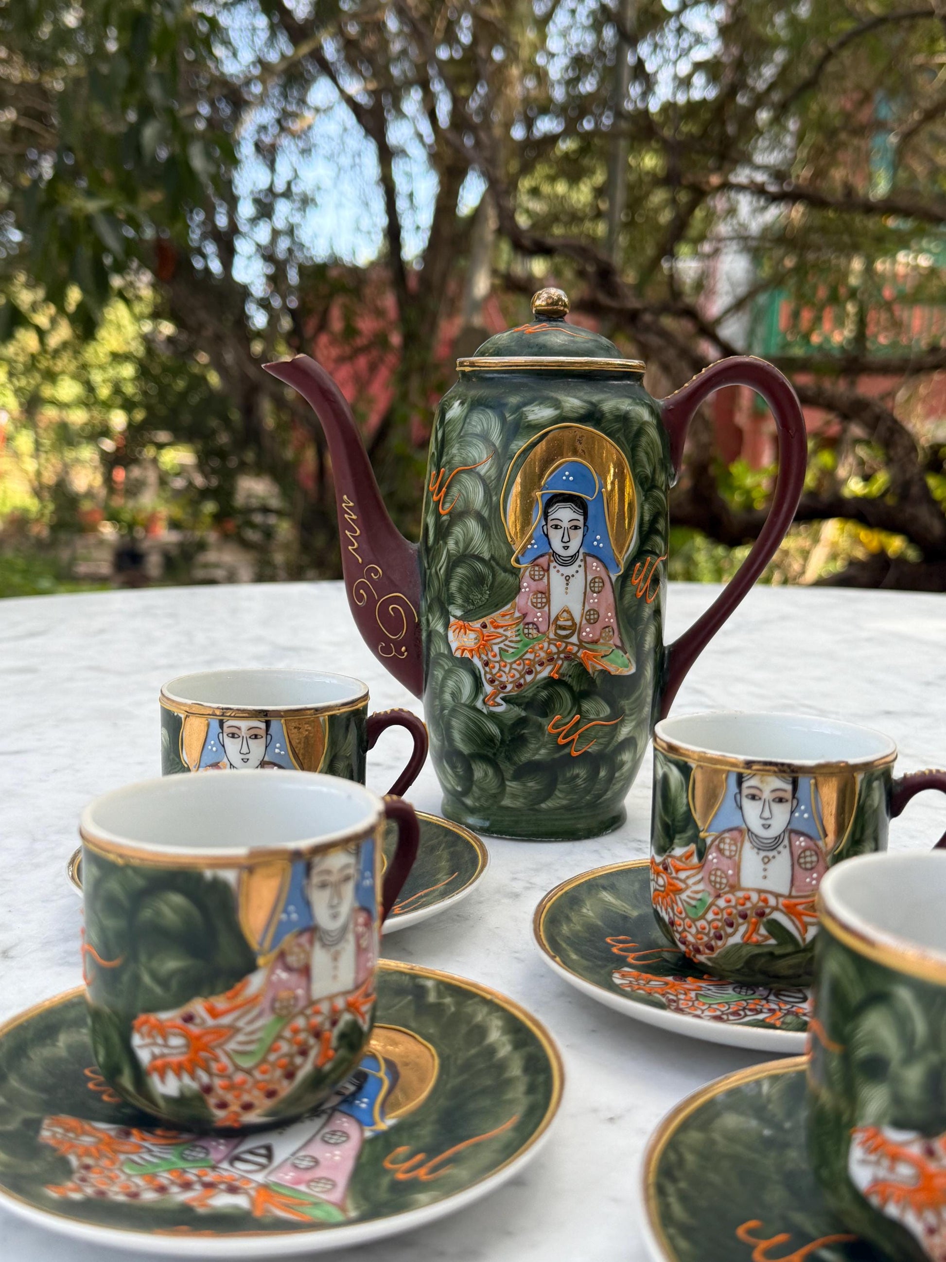 Vintage Hand-Painted Japanese Tea Set – Kutani Moriage Dragon Design, Made in Japan 1920s-1940s, Porcelain Teapot & Cups