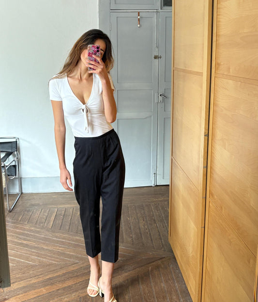 Vintage Borgofiori Black Wool Pants – High-Waisted Cropped Trousers – Made in Italy – Minimalist Chic