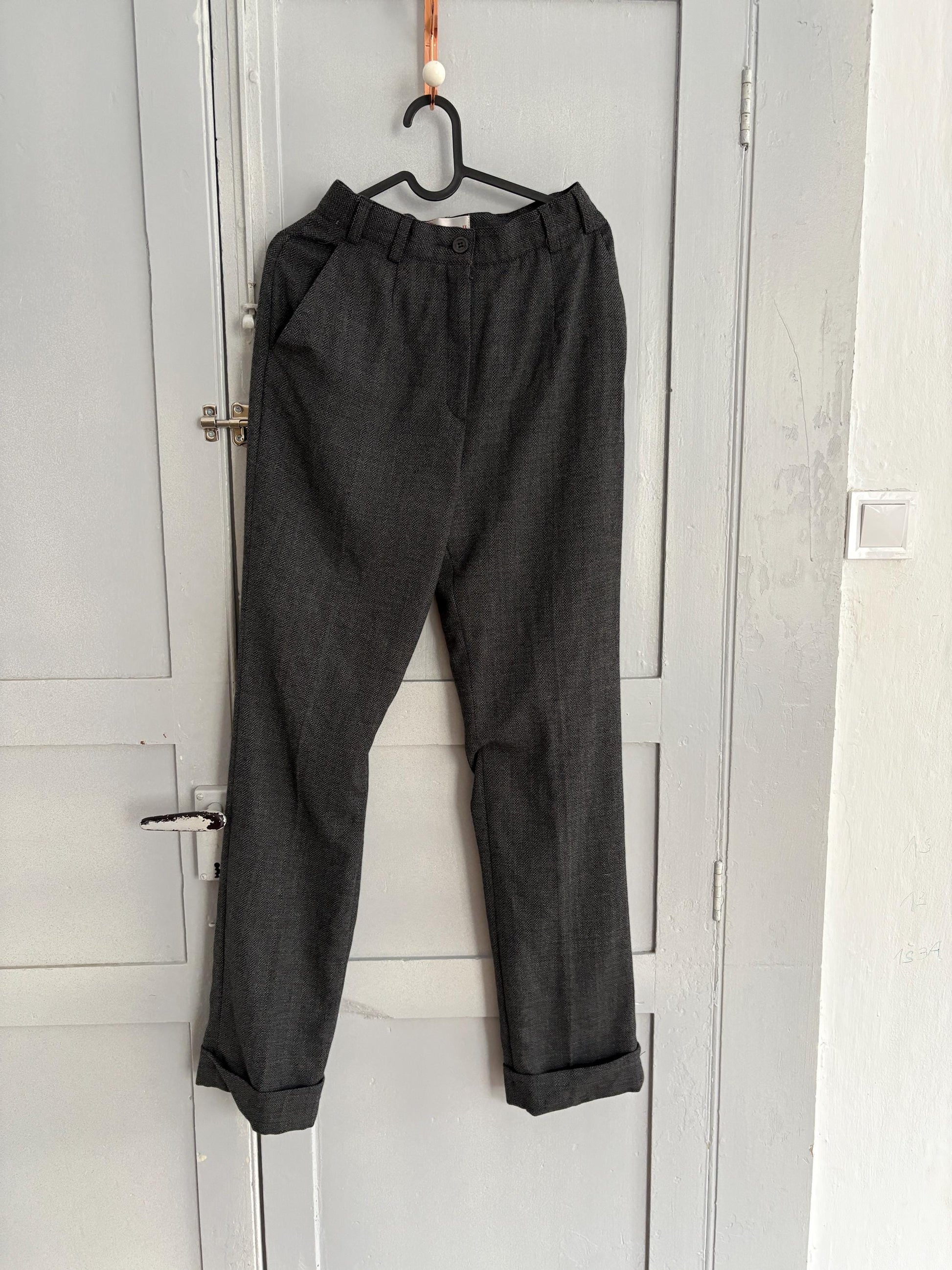 Vintage wool blend trousers DRACH for El Corte Inglés dark academia aesthetic long pants in grey herringbone textured weave