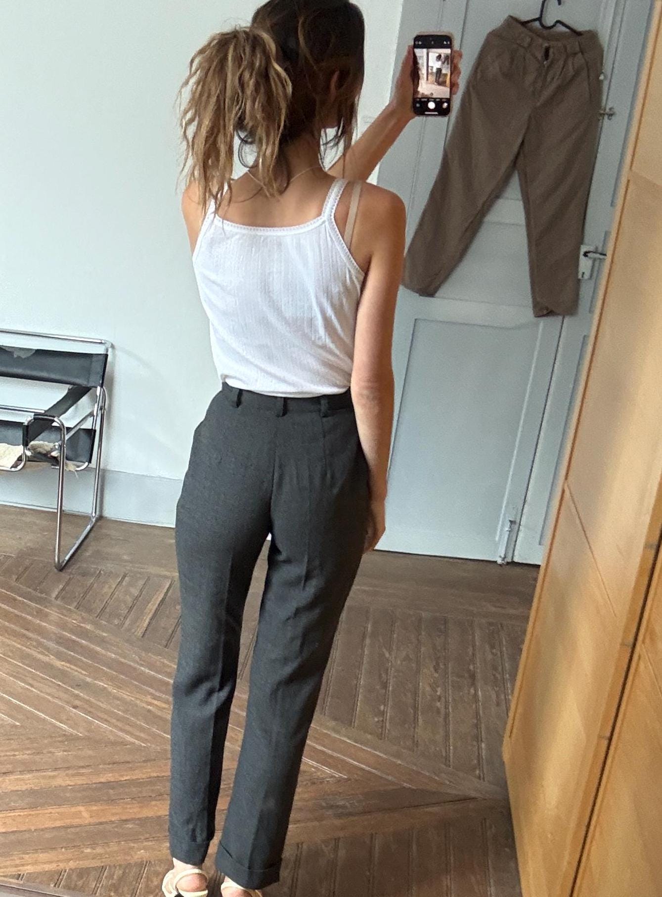 Vintage wool blend trousers DRACH for El Corte Inglés dark academia aesthetic long pants in grey herringbone textured weave