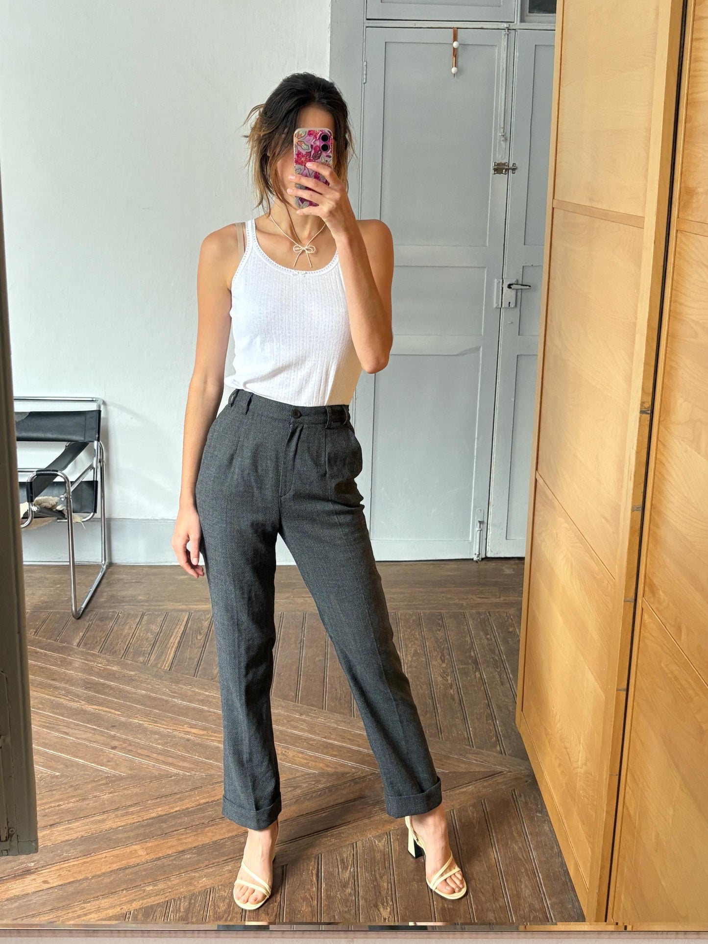 Vintage wool blend trousers DRACH for El Corte Inglés dark academia aesthetic long pants in grey herringbone textured weave