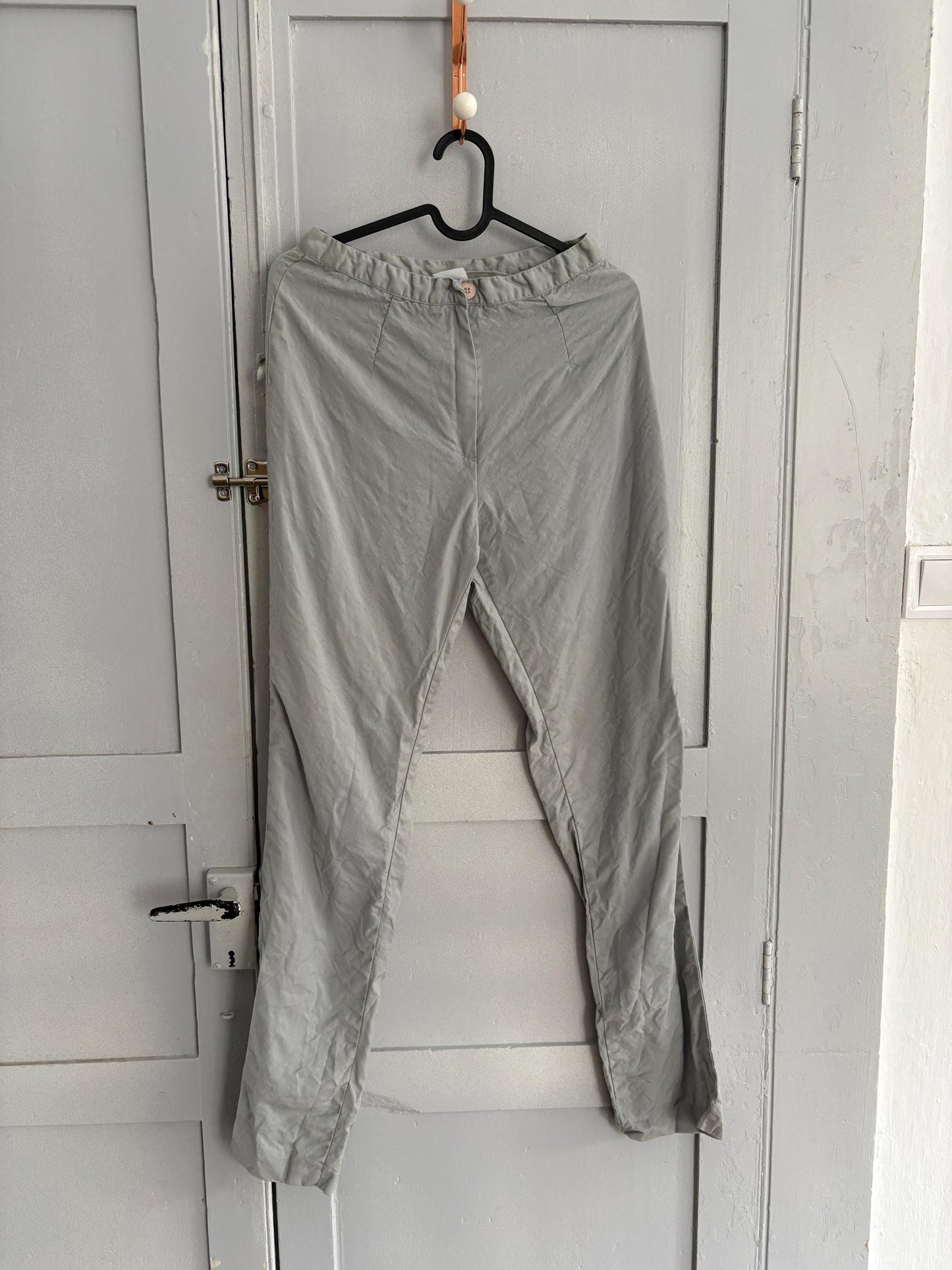Vintage light blue wool blend look trousers minimal scandi style soft tailored aesthetic slim fit pants