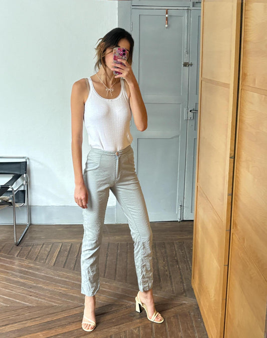 Vintage light blue wool blend look trousers minimal scandi style soft tailored aesthetic slim fit pants