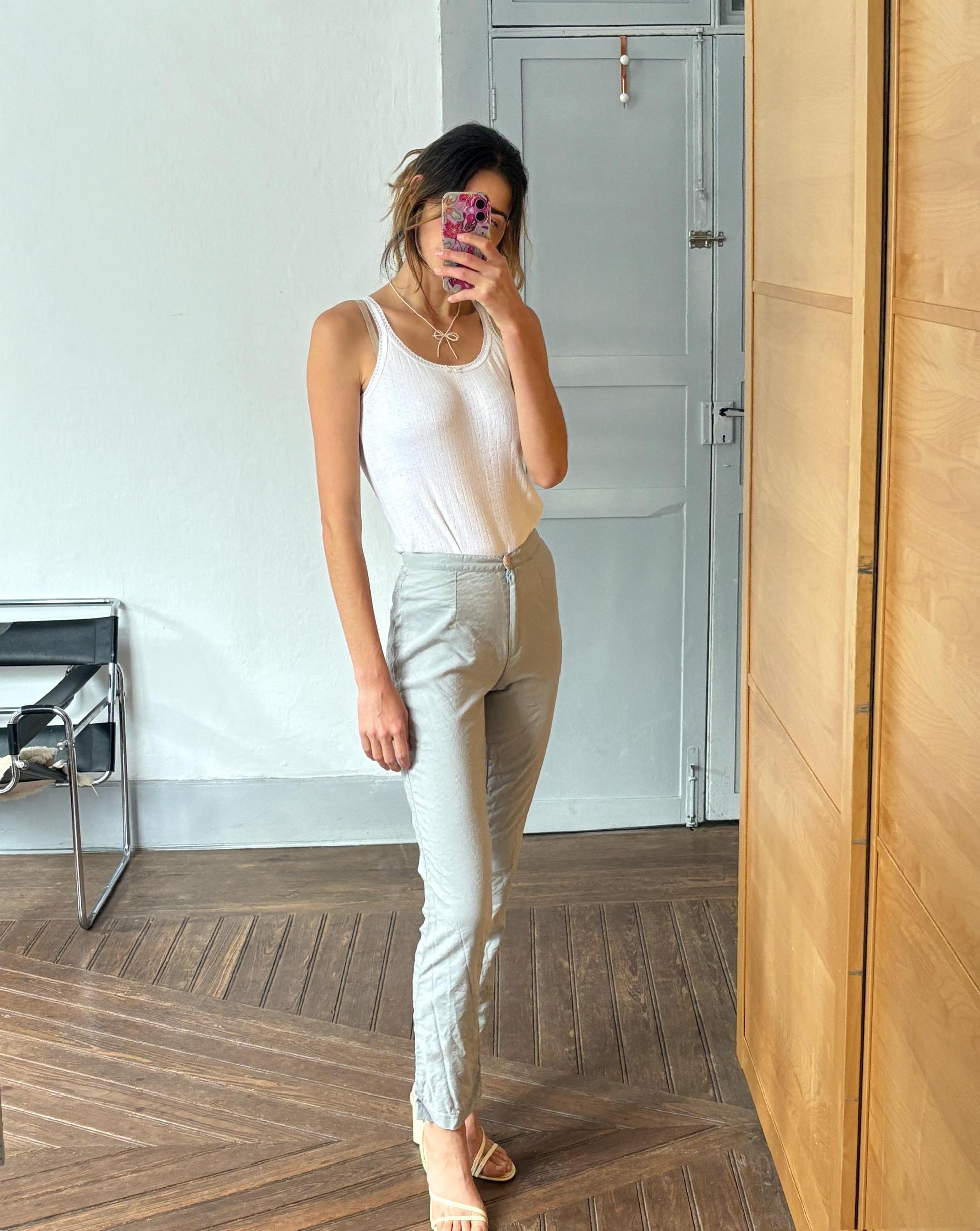 Vintage light blue wool blend look trousers minimal scandi style soft tailored aesthetic slim fit pants