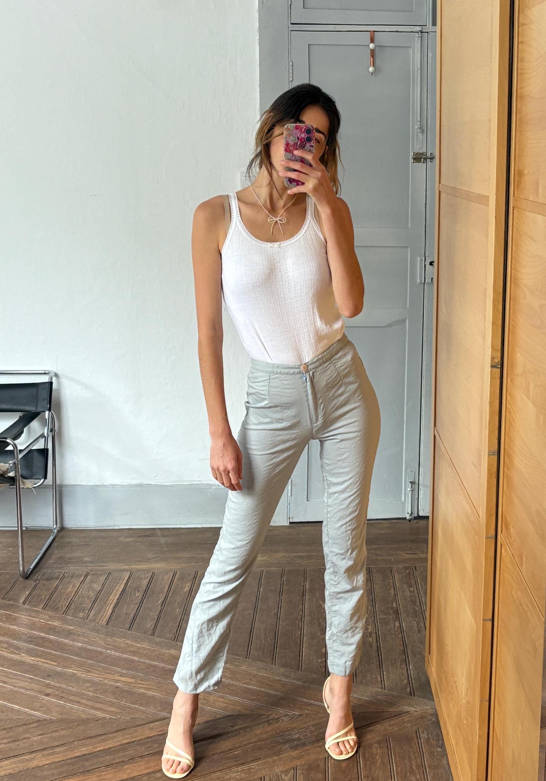 Vintage light blue wool blend look trousers minimal scandi style soft tailored aesthetic slim fit pants