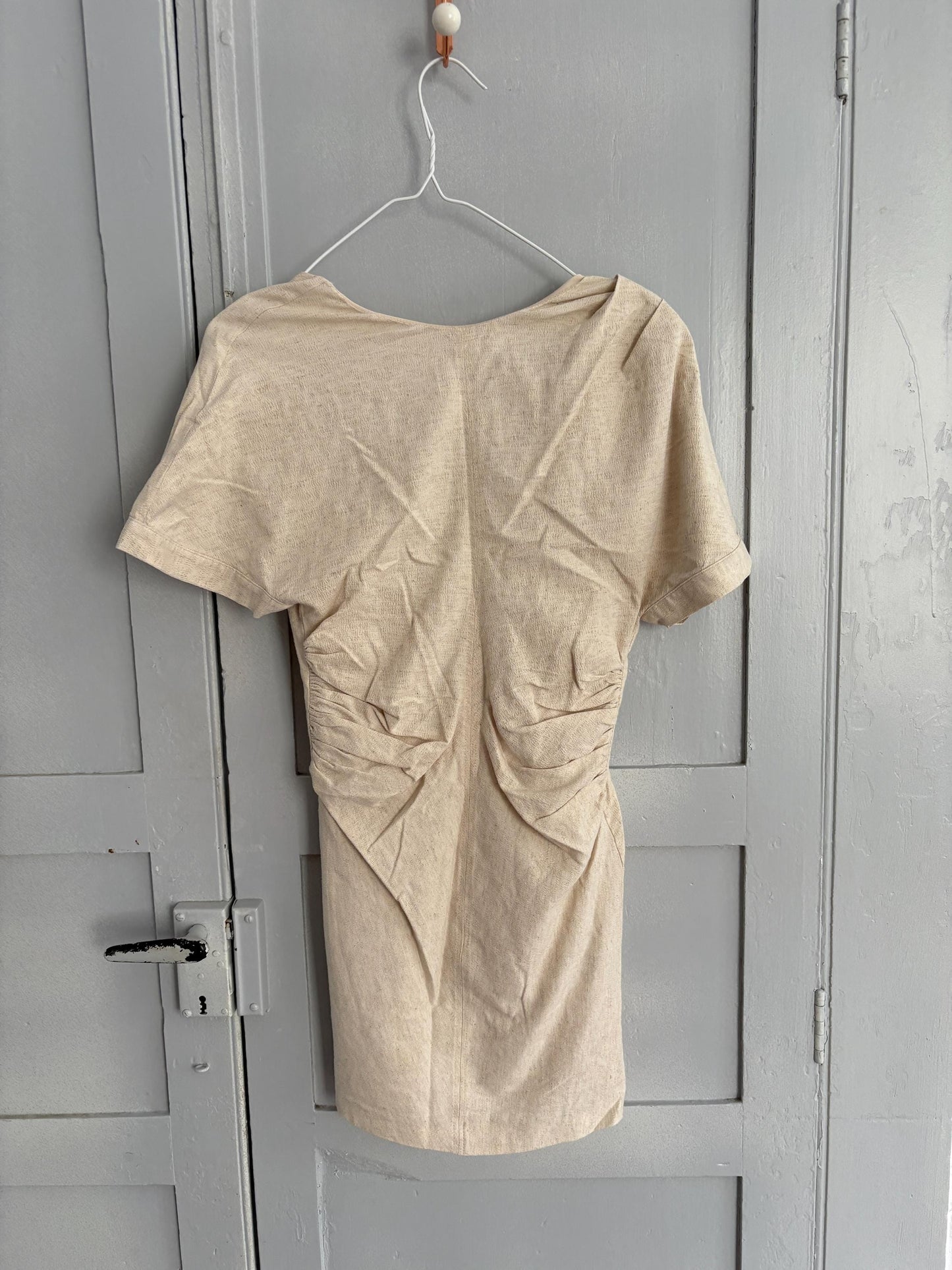 Modern mini dress with open back twisted rope detail earthy neutral summer look, Size S