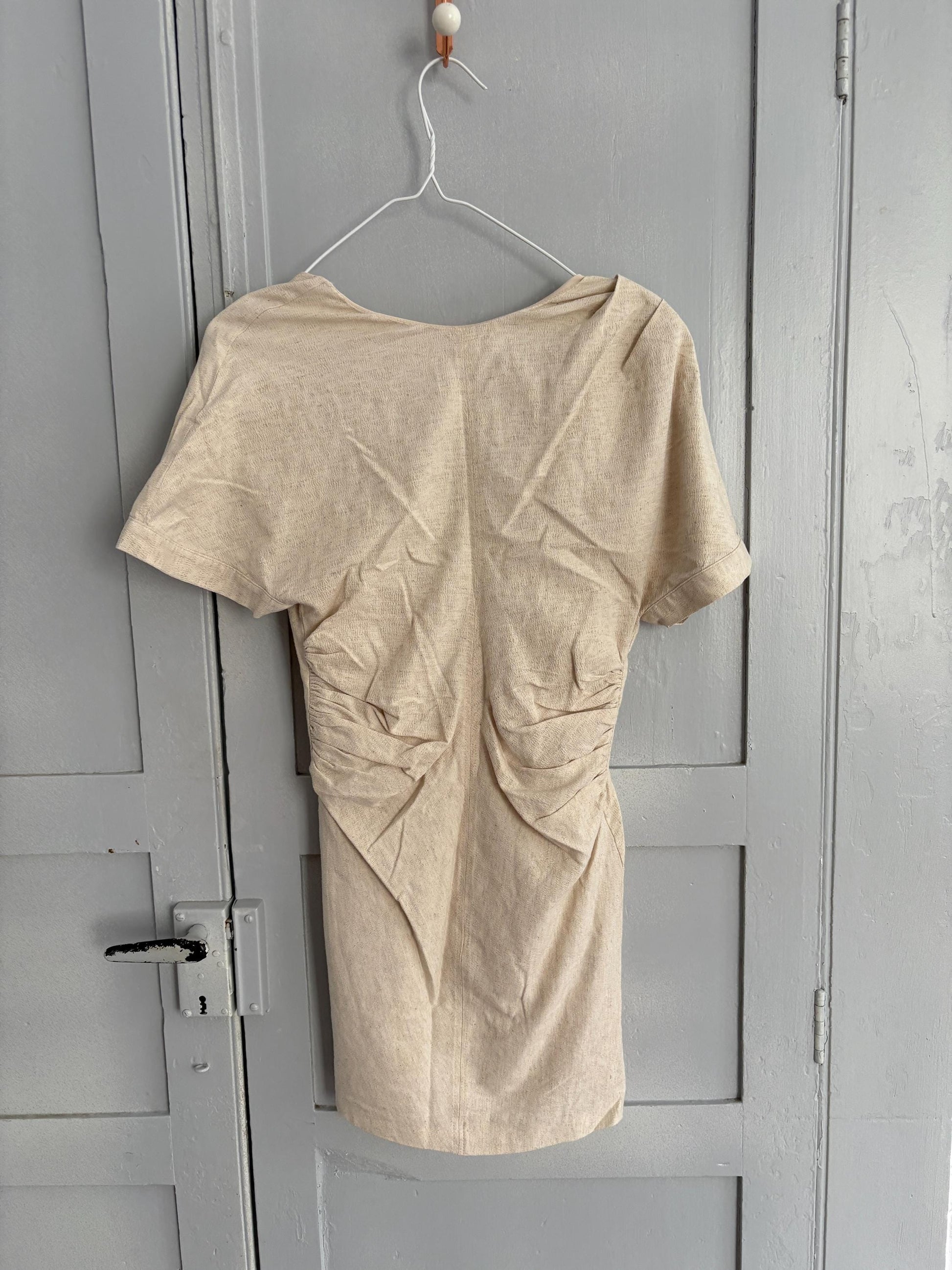 Modern mini dress with open back twisted rope detail earthy neutral summer look, Size S